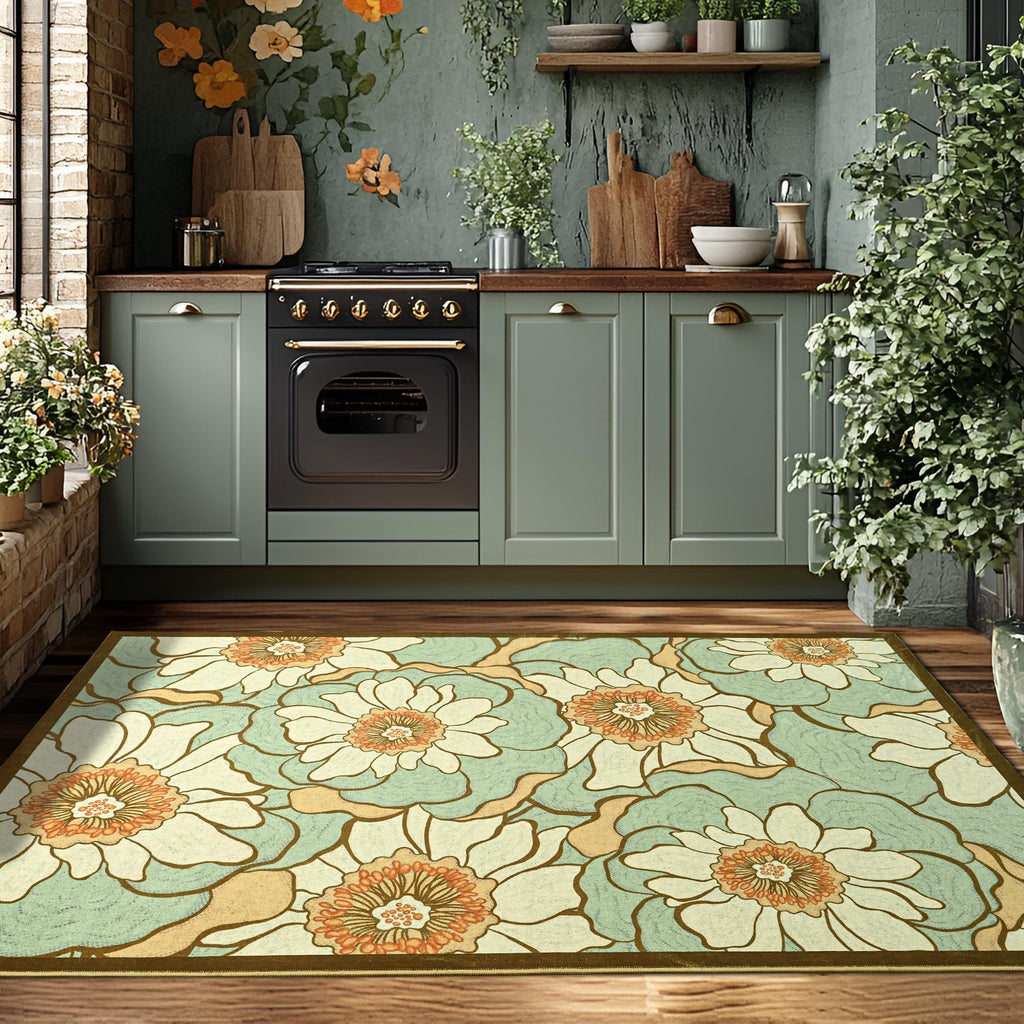 Faux Wool Boho Floral Area Rug Abstract Print Soft Carpet, TPR Non-Slip Backing, Machine Washable Low Pile Rug