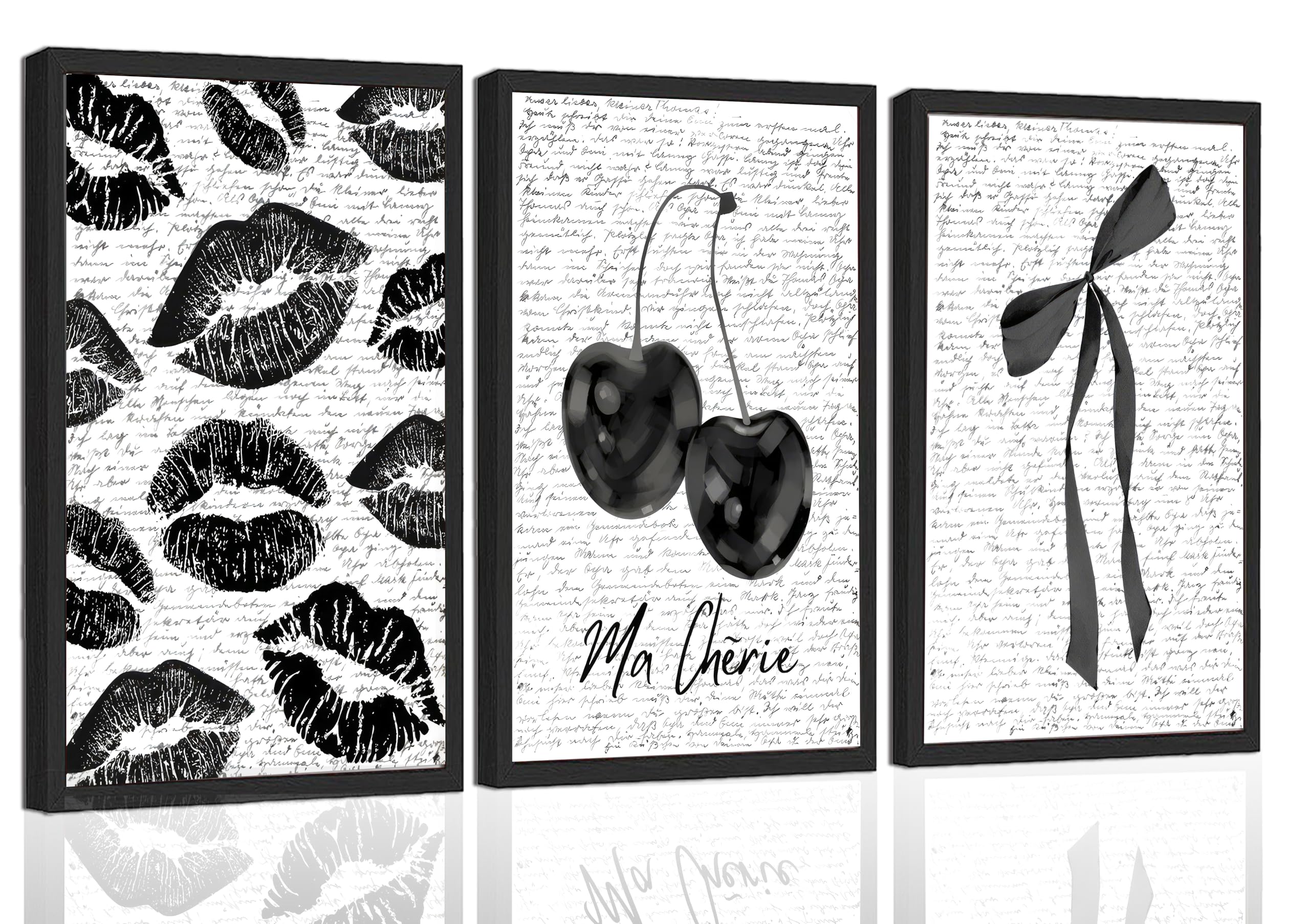 Dark Coquette Vintage Fashion Black White Aesthetic Bow, Lips And Cherry Canvas Wall Art 3Pcs