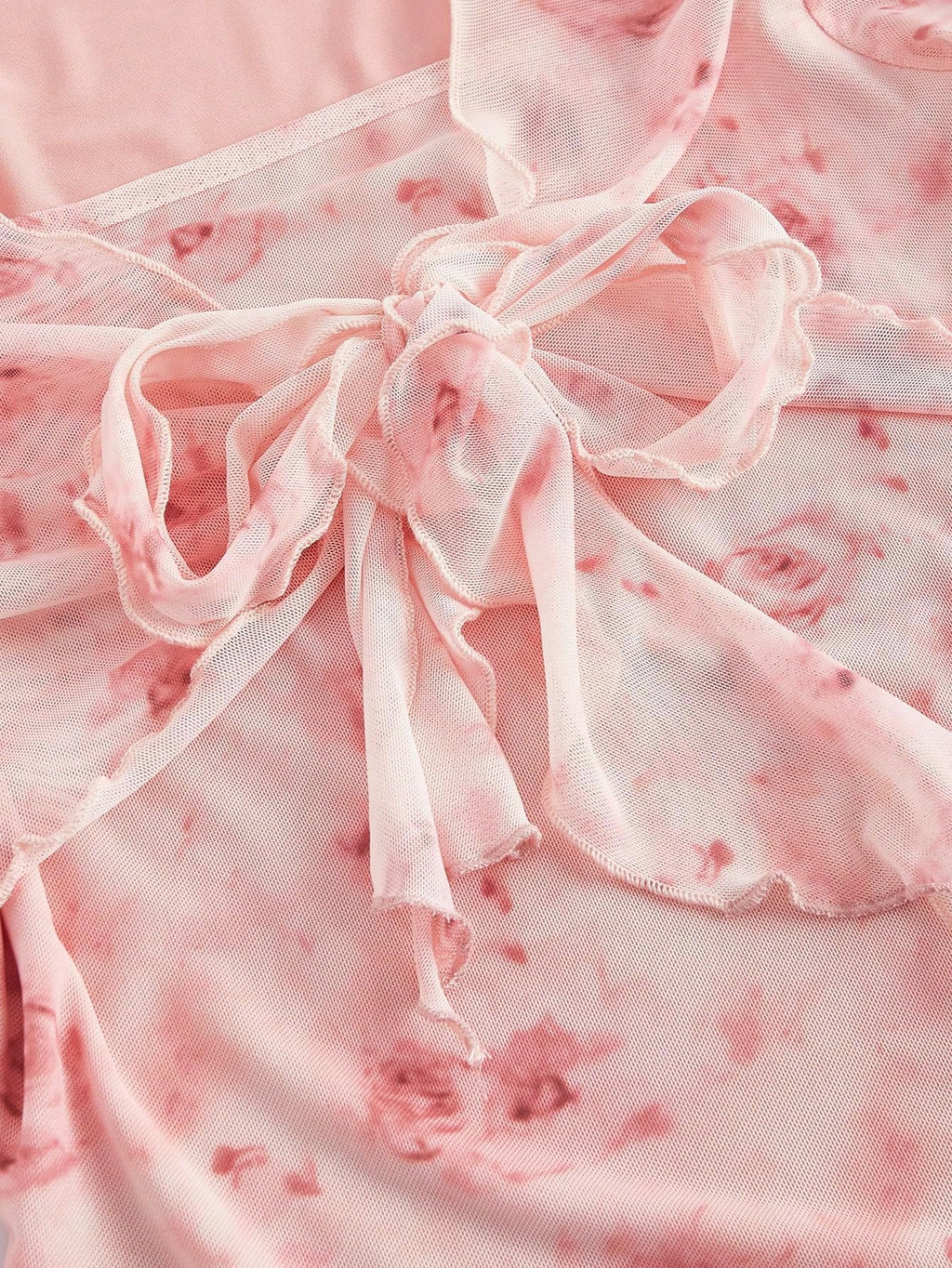 Verdusa Women's Floral Print Mesh Bell Sleeve Tie-Front Top with Lettuce Trim