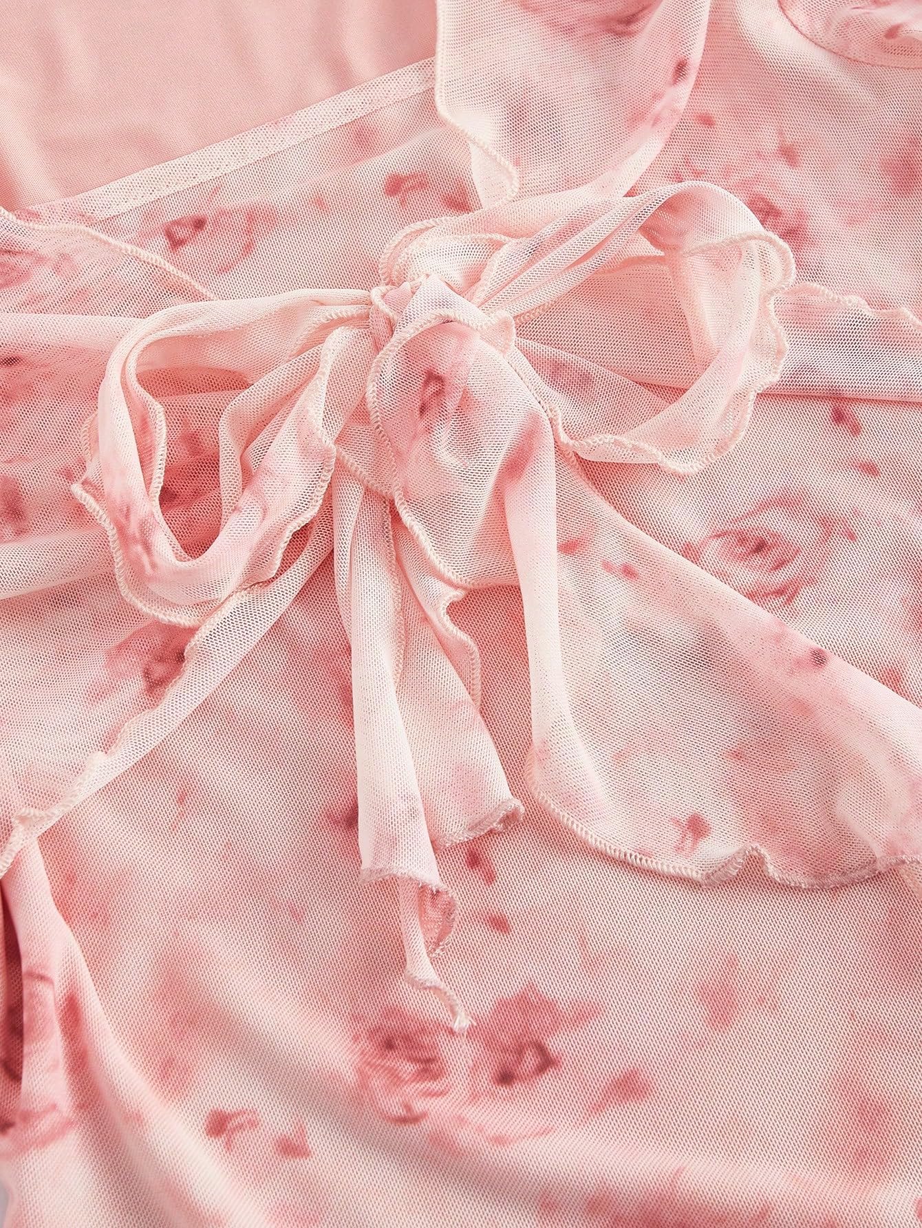 Verdusa Women's Floral Print Mesh Bell Sleeve Tie-Front Top with Lettuce Trim