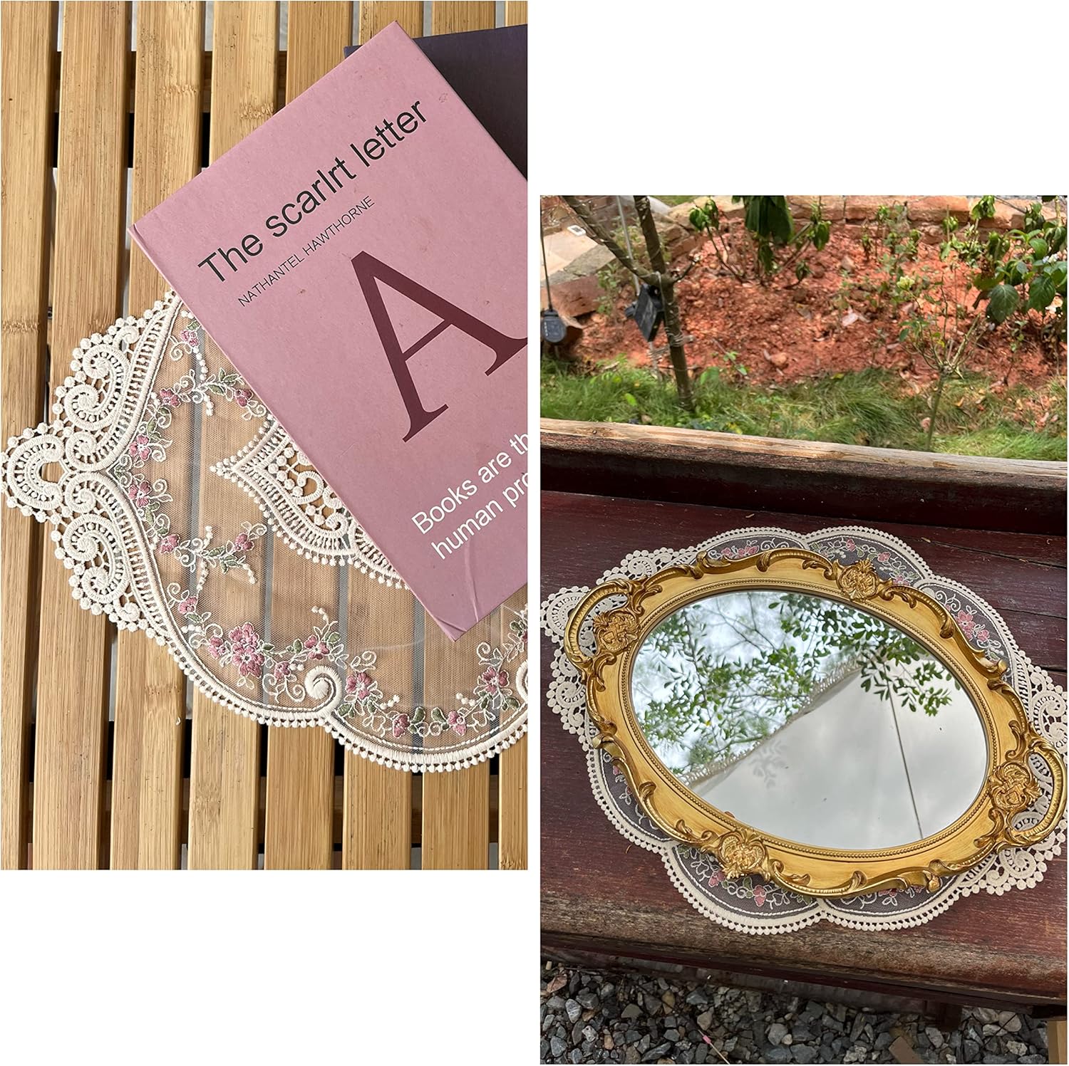 Vintage Beige Oval Lace Table Placemats, Exquisite Flower Embroidered Doilies Vase Mat, 12 X 18 Inch