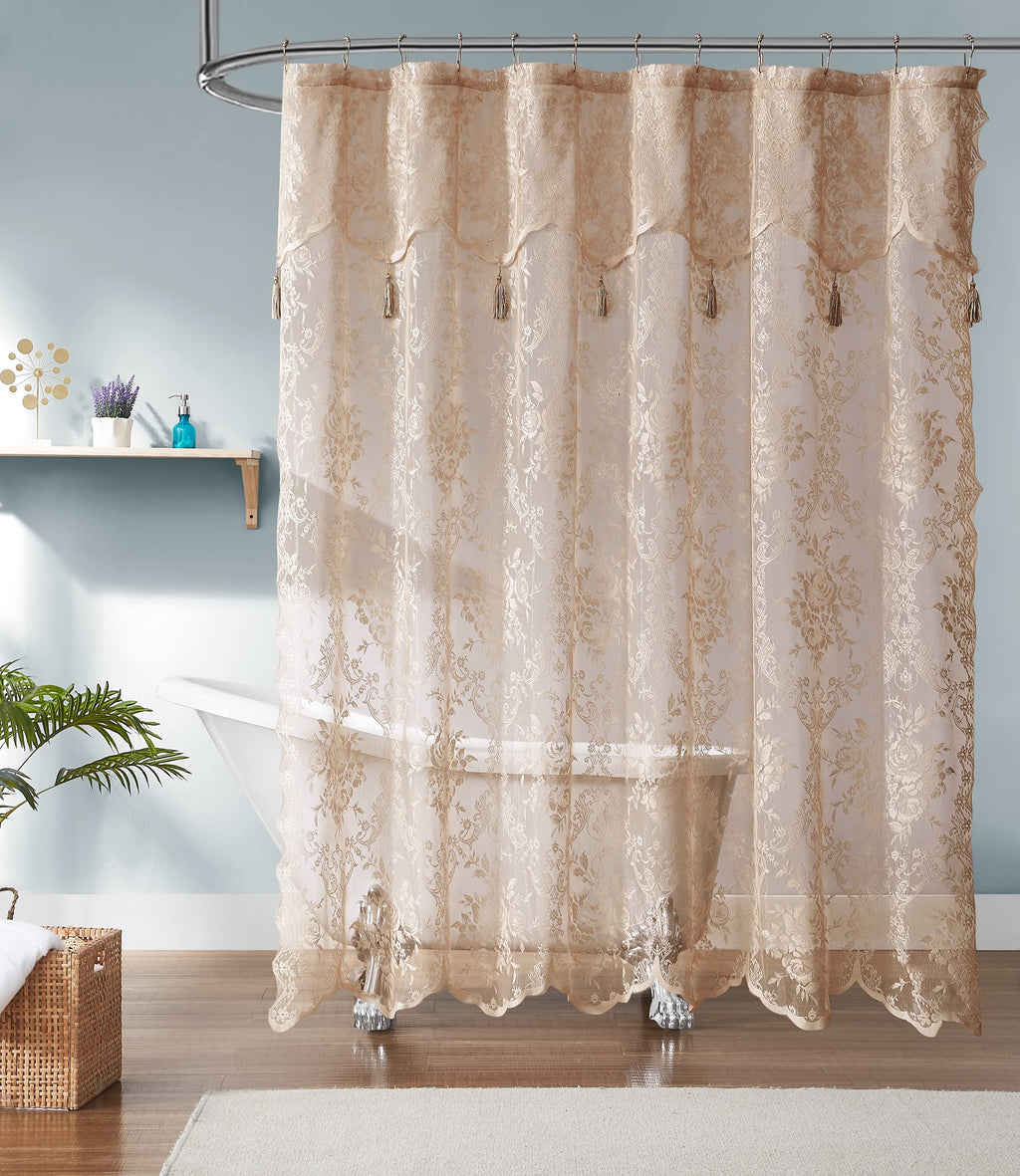 Luxury Lace Small Shower Curtain - Lace Shower Curtain with Attached Valance & Tassels