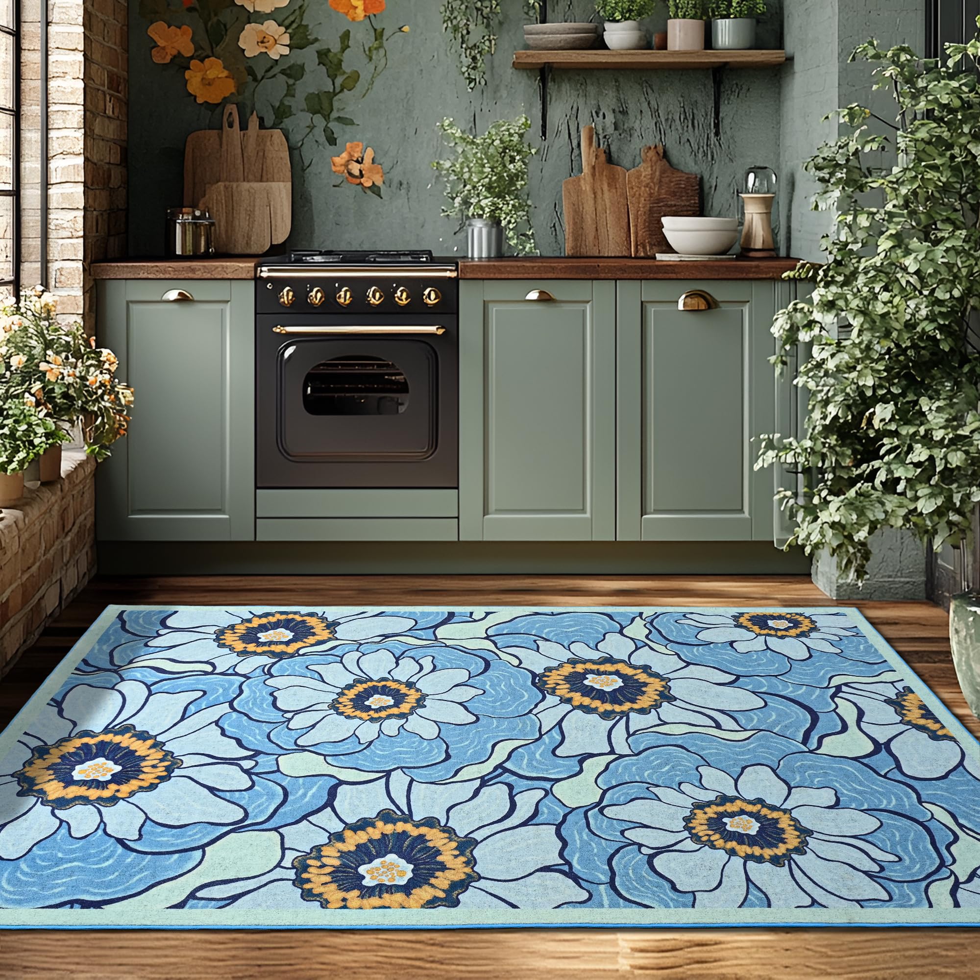 Faux Wool Boho Floral Area Rug Abstract Print Soft Carpet, TPR Non-Slip Backing, Machine Washable Low Pile Rug