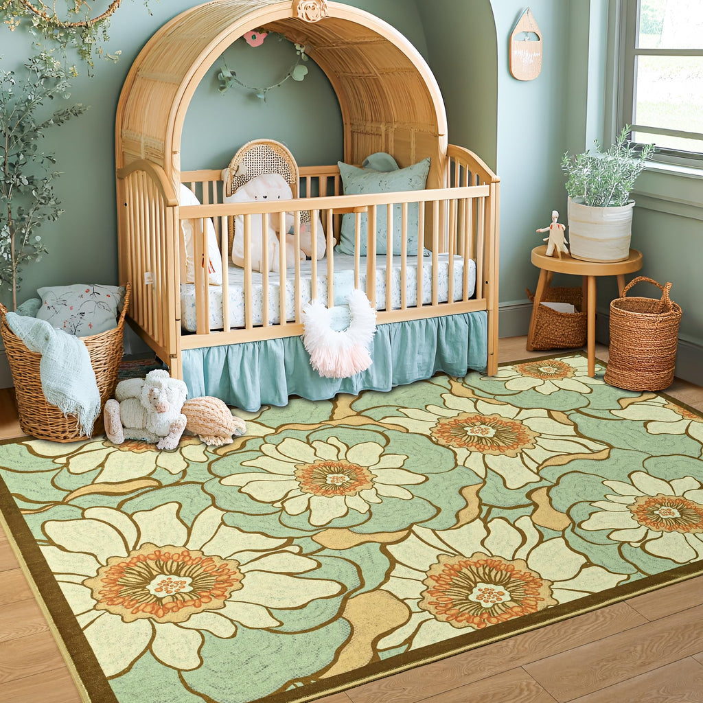 Faux Wool Boho Floral Area Rug Abstract Print Soft Carpet, TPR Non-Slip Backing, Machine Washable Low Pile Rug