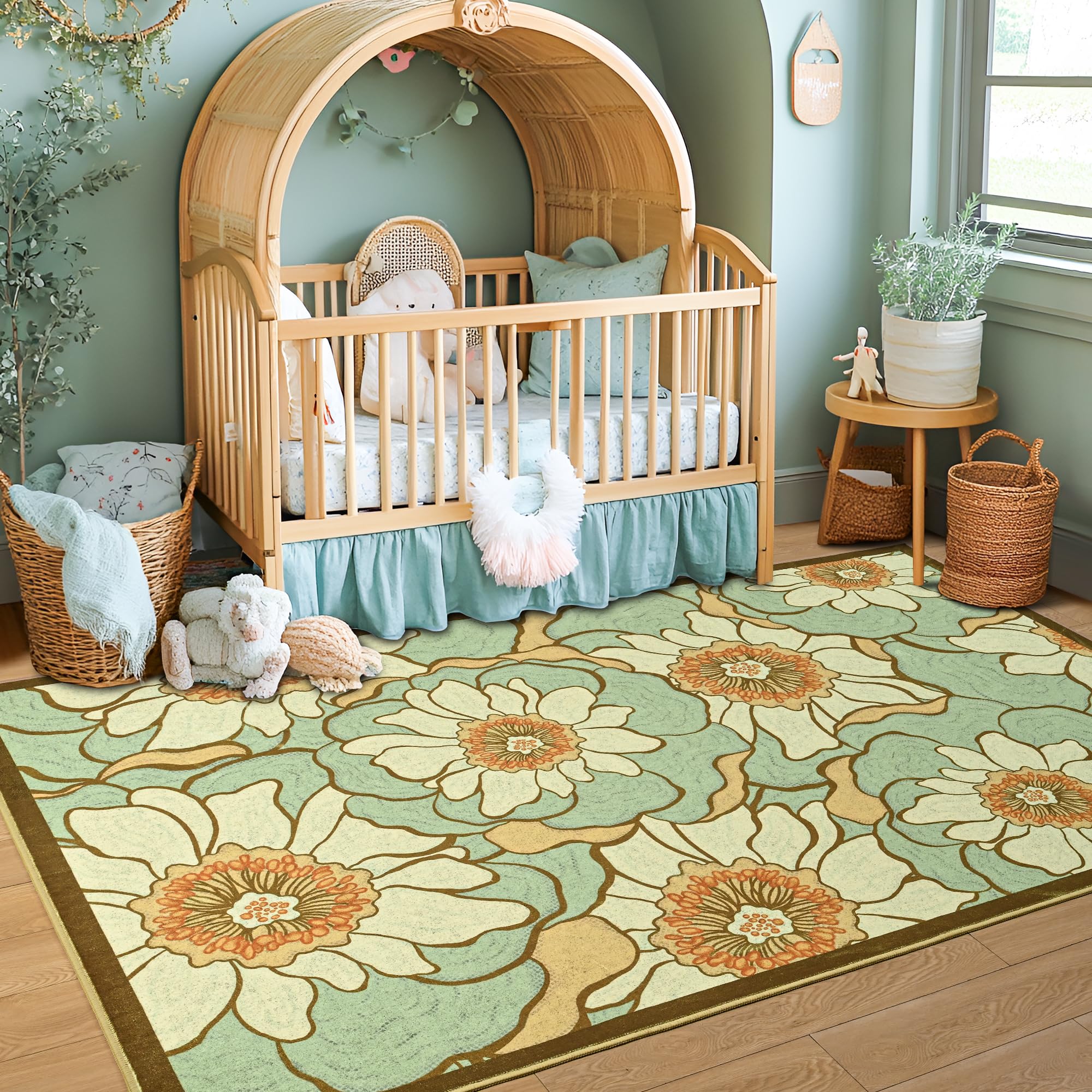 Faux Wool Boho Floral Area Rug Abstract Print Soft Carpet, TPR Non-Slip Backing, Machine Washable Low Pile Rug