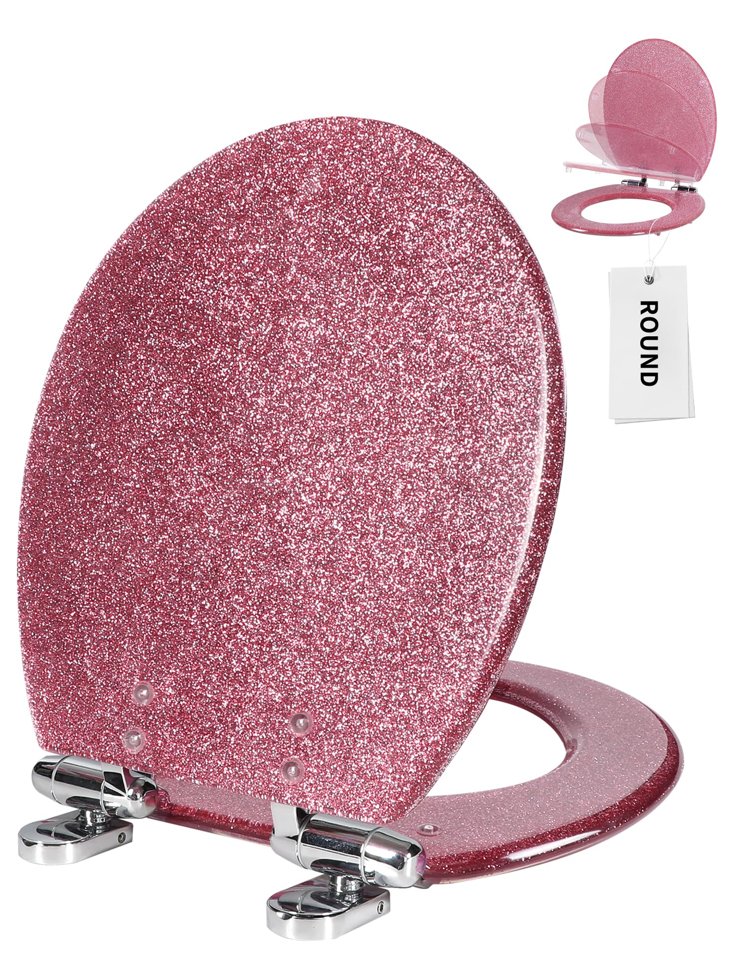 Round Resin Toilet Seat Glitter Soft Close Quick Release Metal Zinc Alloy Hinge Easy to Install also Easy to Clean, Decorative Acrylic Seats (17 Inch)