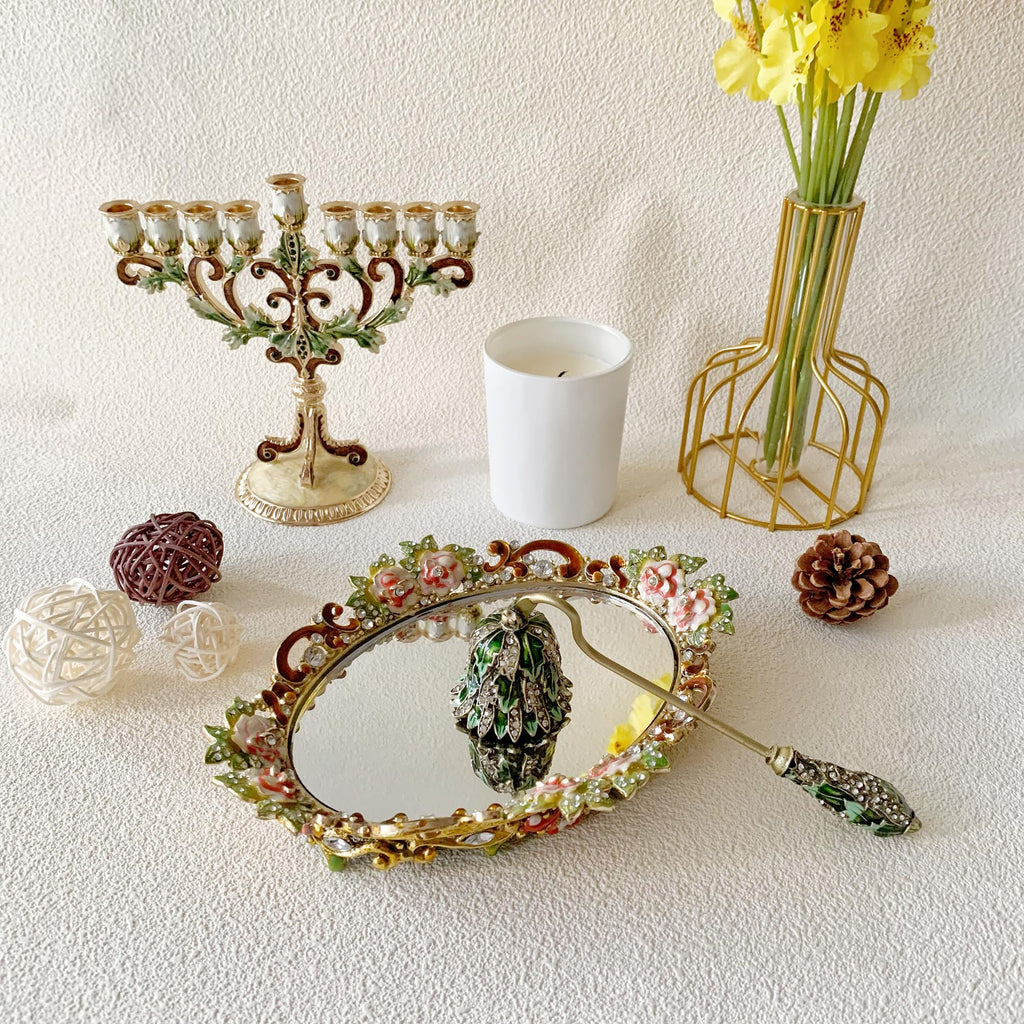 Hand-Painted Gold Floral Mirror Vanity Tray â€?Decorative Metal Jewelry and Makeup Organizer for Dresser or Countertop