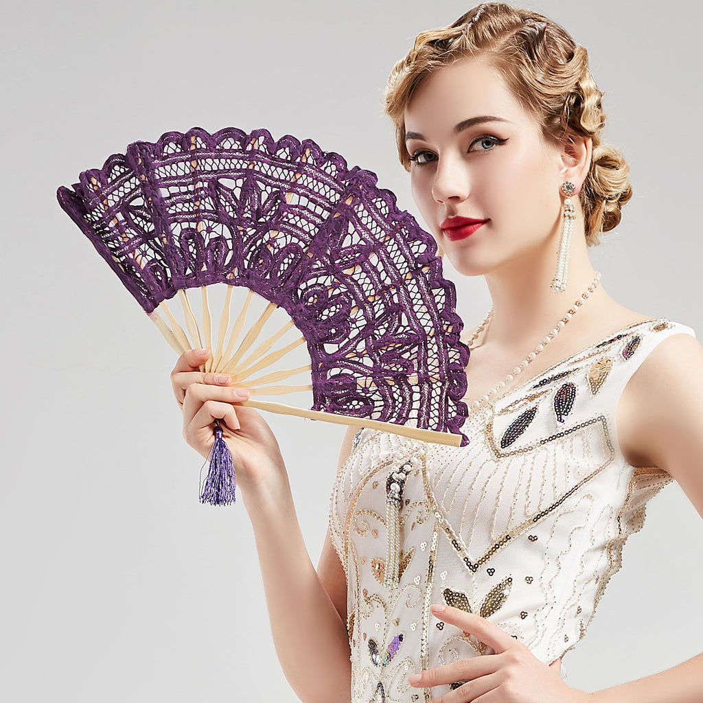 Cotton Lace Folding Handheld Fan Embroidered Hand Fan with Bamboo Staves