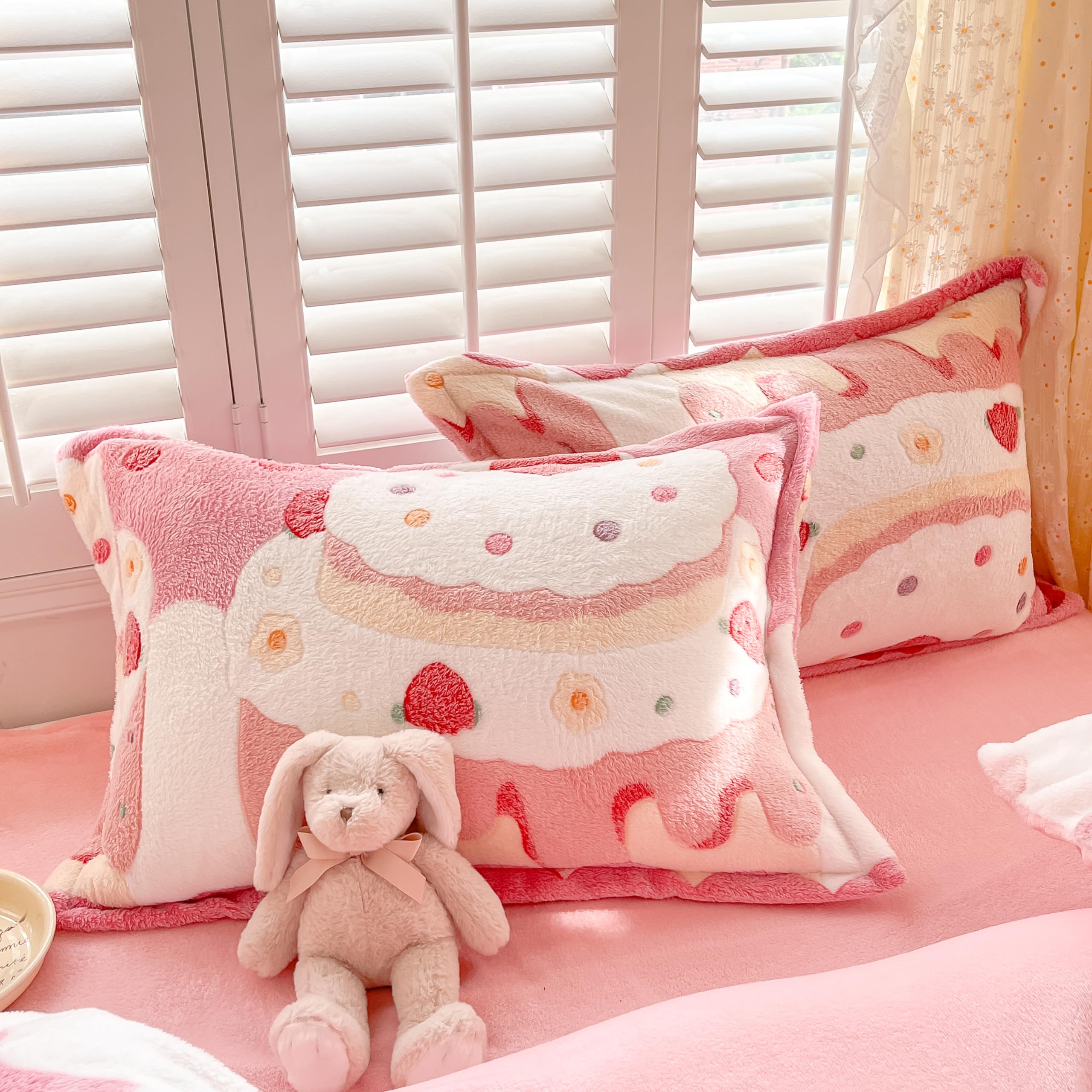 Kawaii Decorative Pillows Covers Pink, 2 Packs Plush Pillow Cases Standard Size, Soft Furry Throw Pillowcase Cushion Shams with Zipper Closure Girls Room Decor