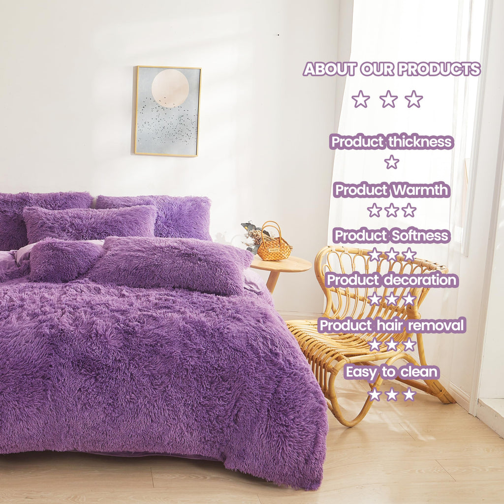 Fluffy Faux Fur Comforter Cover Set Queen - Ultra Soft Plush Bedding Sets 3 Pieces (1 Fluffy Duvet Cover + 2 Faux Fur Pillow case) Cute Bed Set