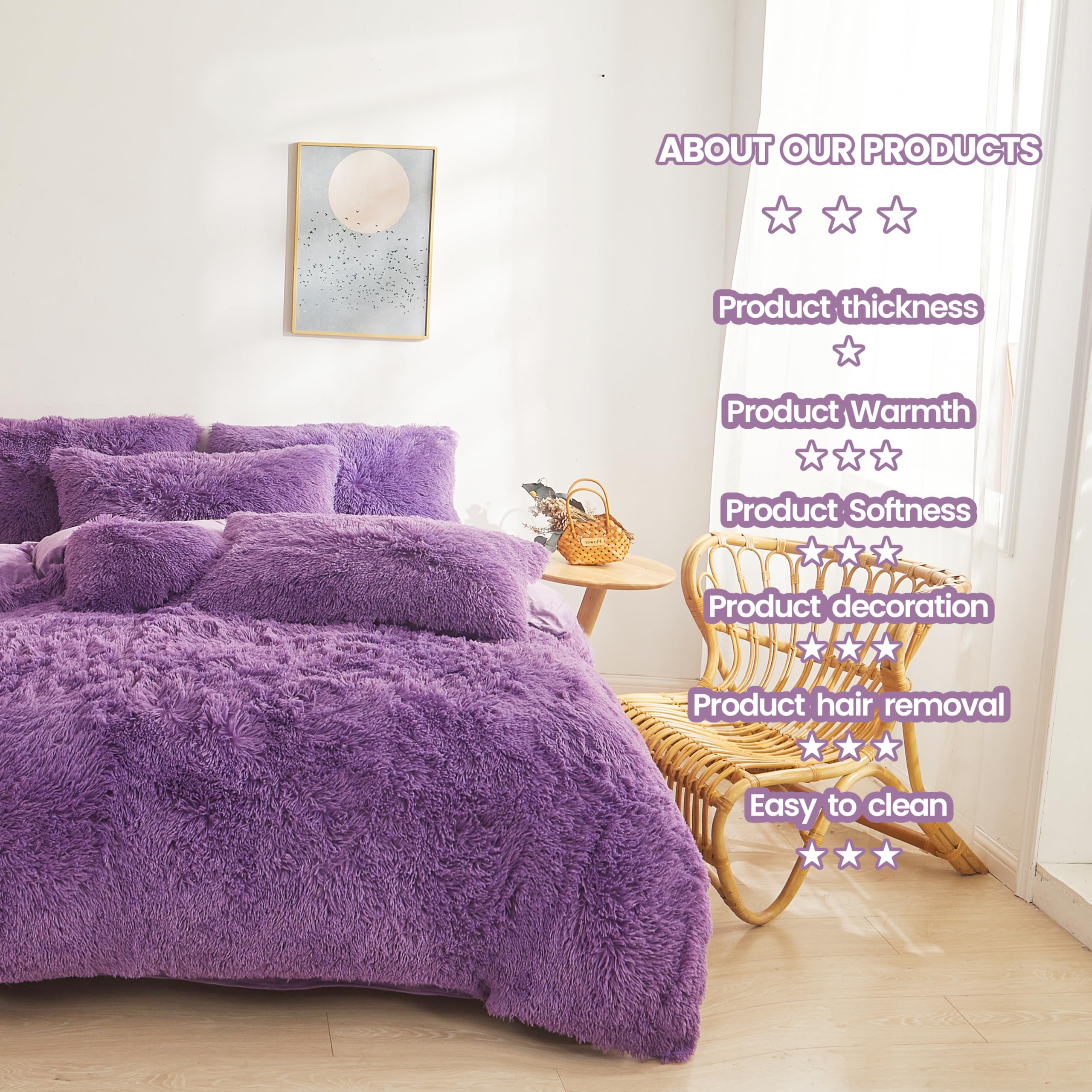 Fluffy Faux Fur Comforter Cover Set Queen - Ultra Soft Plush Bedding Sets 3 Pieces (1 Fluffy Duvet Cover + 2 Faux Fur Pillow case) Cute Bed Set