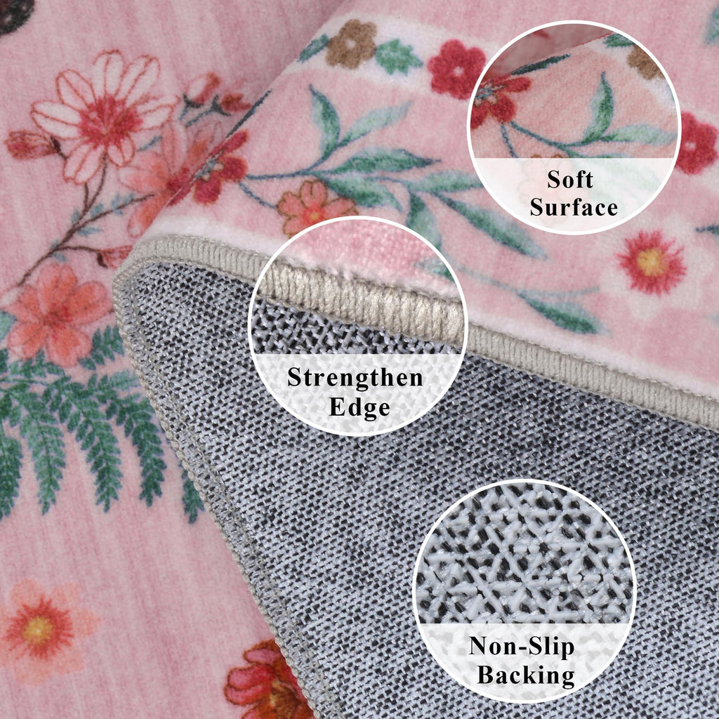 Insect Floral Area Rug, Machine Washable Area Rug Non-Slip Low Pile Large Bedroom Rug Stain Resistant Throw Rug Carpet