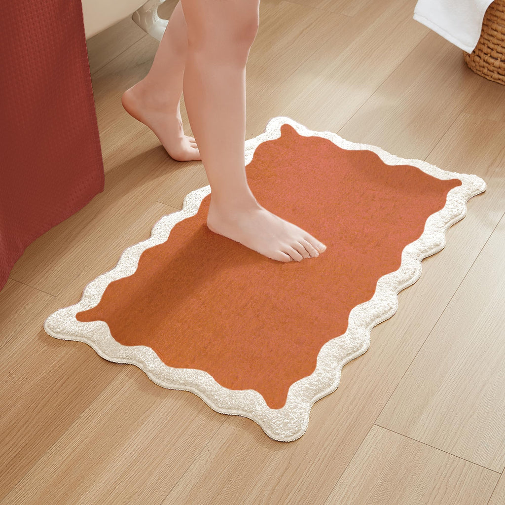 Wavy Bath Mat with Scalloped Ripple Design, Microfiber Absorbent Non Slip Tufted Rug