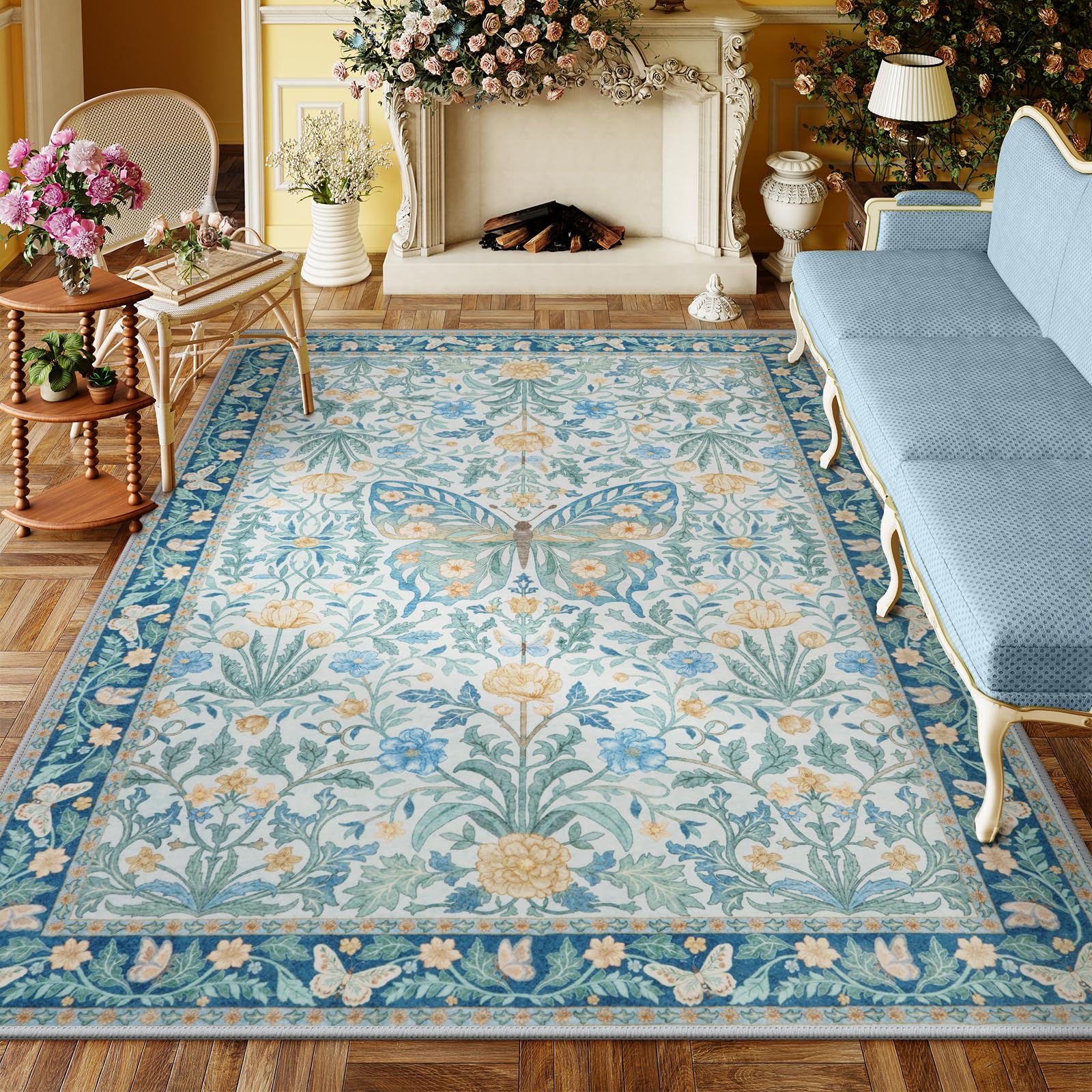 Vintage Floral Rug for Girls Bedroom Washable Non Slip, Soft Ultra Thin Boho Insect Carpet