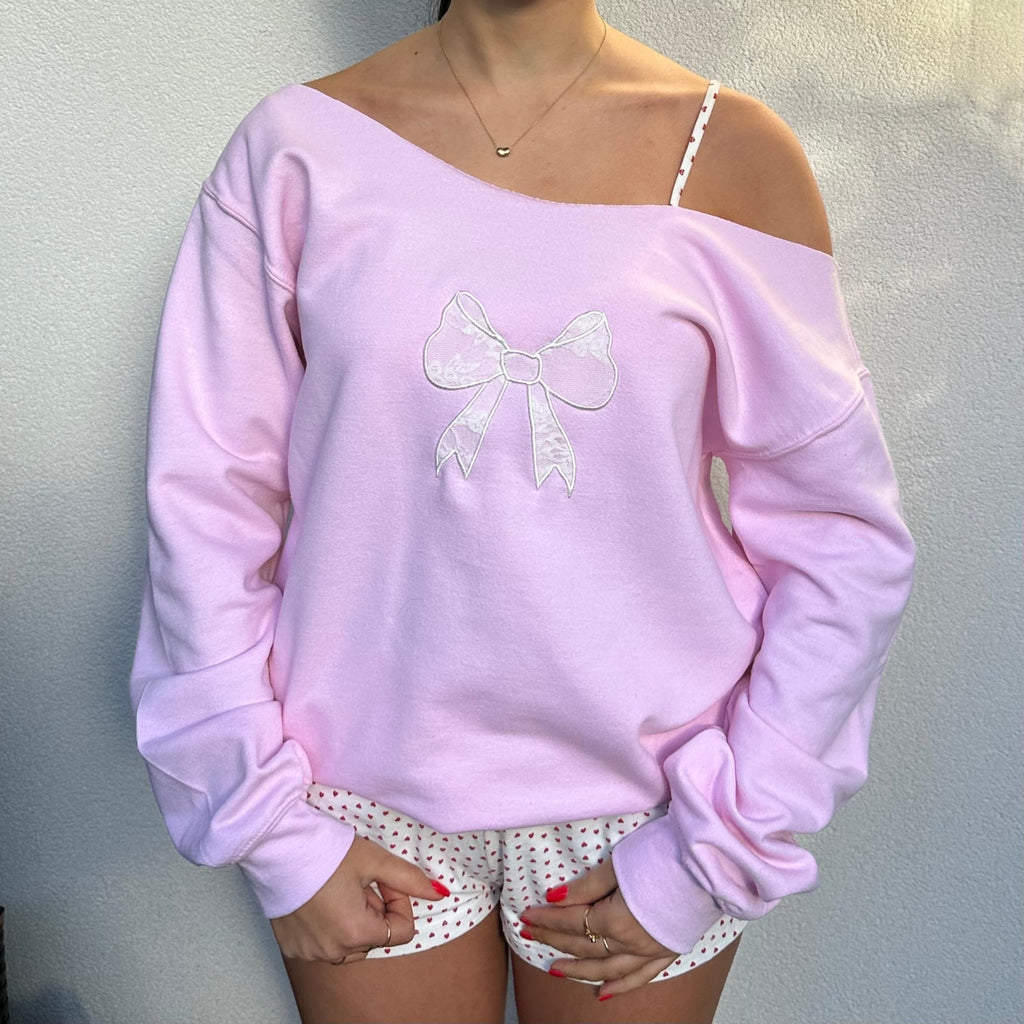 Women Y2k Off Shoulder Sweatshirt Long Sleeve Bow Print Pullover Top Vintage Graphic Sweatshirt