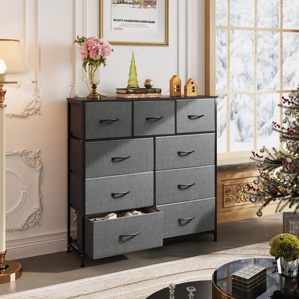 Drawer Fabric 9 Dresser â€?Tall Storage Tower with Bins, Steel Frame, and Wood Top