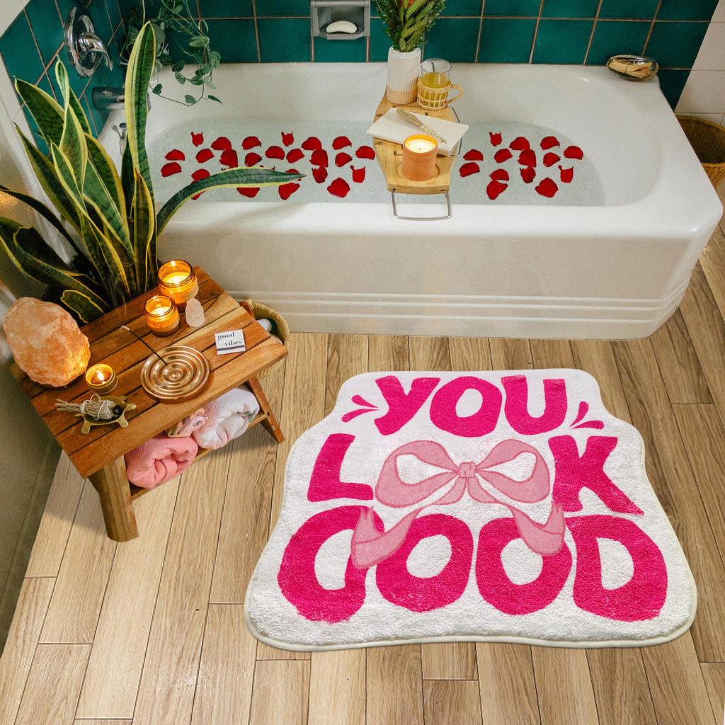 You Look Good Bath Mat Cute Bow Funny Bathroom Rug, Soft Absorbent Water Non Slip, Superior Washable Microfiber Cool Shower Preppy Decor Rug (21"x25")