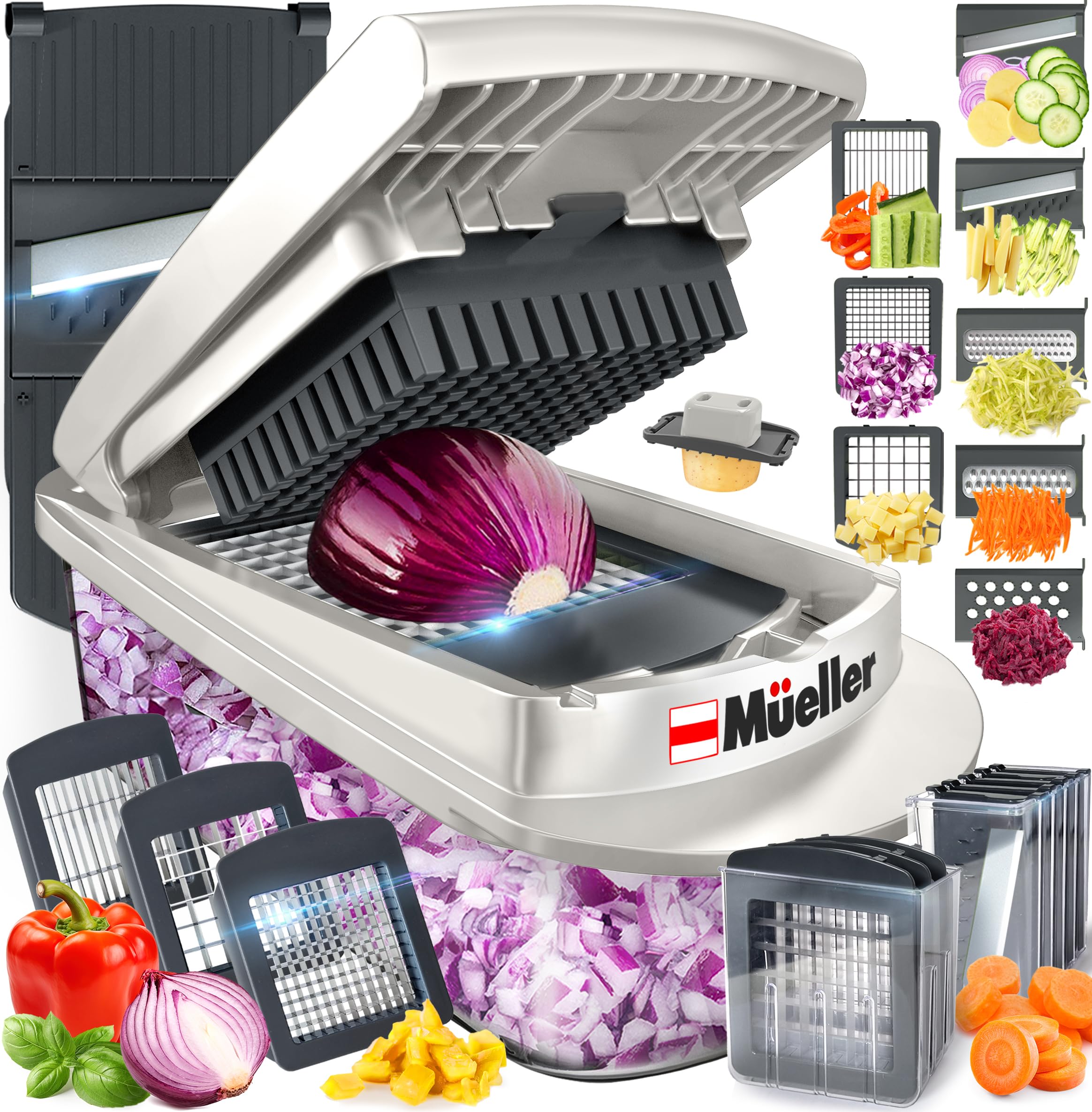 Mueller Pro-Series All-in-One, Mandoline Slicer for Kitchen, Food Chopper, Cucumber Slicer and Spiralizer, Cutter, Dicer, Grater, Kitchen Essentials