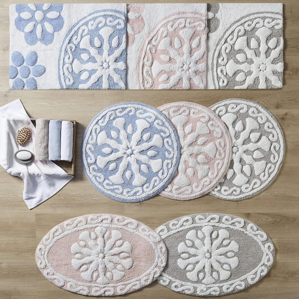 Medallion Floral Pattern Bath Mat 100% Cotton Tufted Bathroom Rugs Luxurious Plush Absorbent, Quick Dry