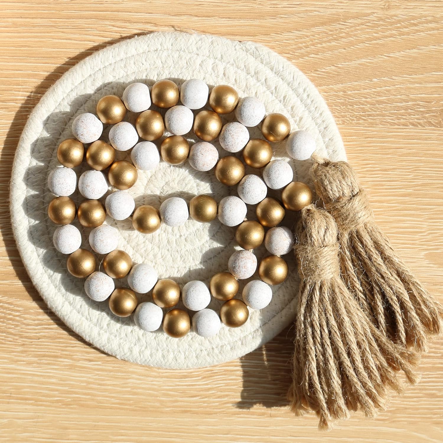 Wood Bead Garland,39in Farmhouse Beads with Tassels Boho Beads for Tiered Tray Decorative Beads Home Decor