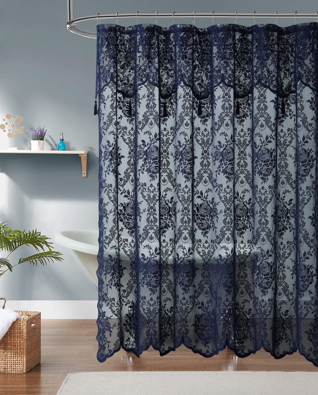 Luxury Lace Small Shower Curtain - Lace Shower Curtain with Attached Valance & Tassels