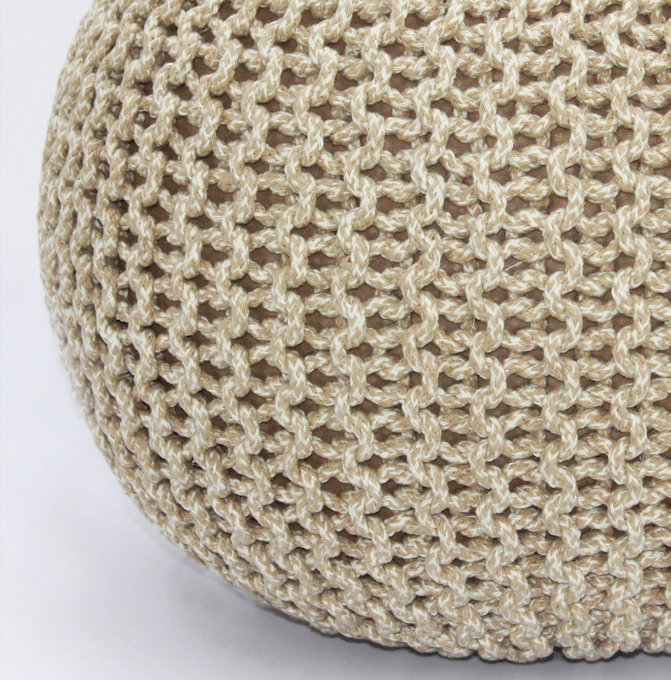 Hand-Knitted Cotton Round Pouf â€?Braid Cord Ottoman, Footrest, and Accent Seat for Living Room, Nursery, Kids Room, or Dorm Décor â€?20x14