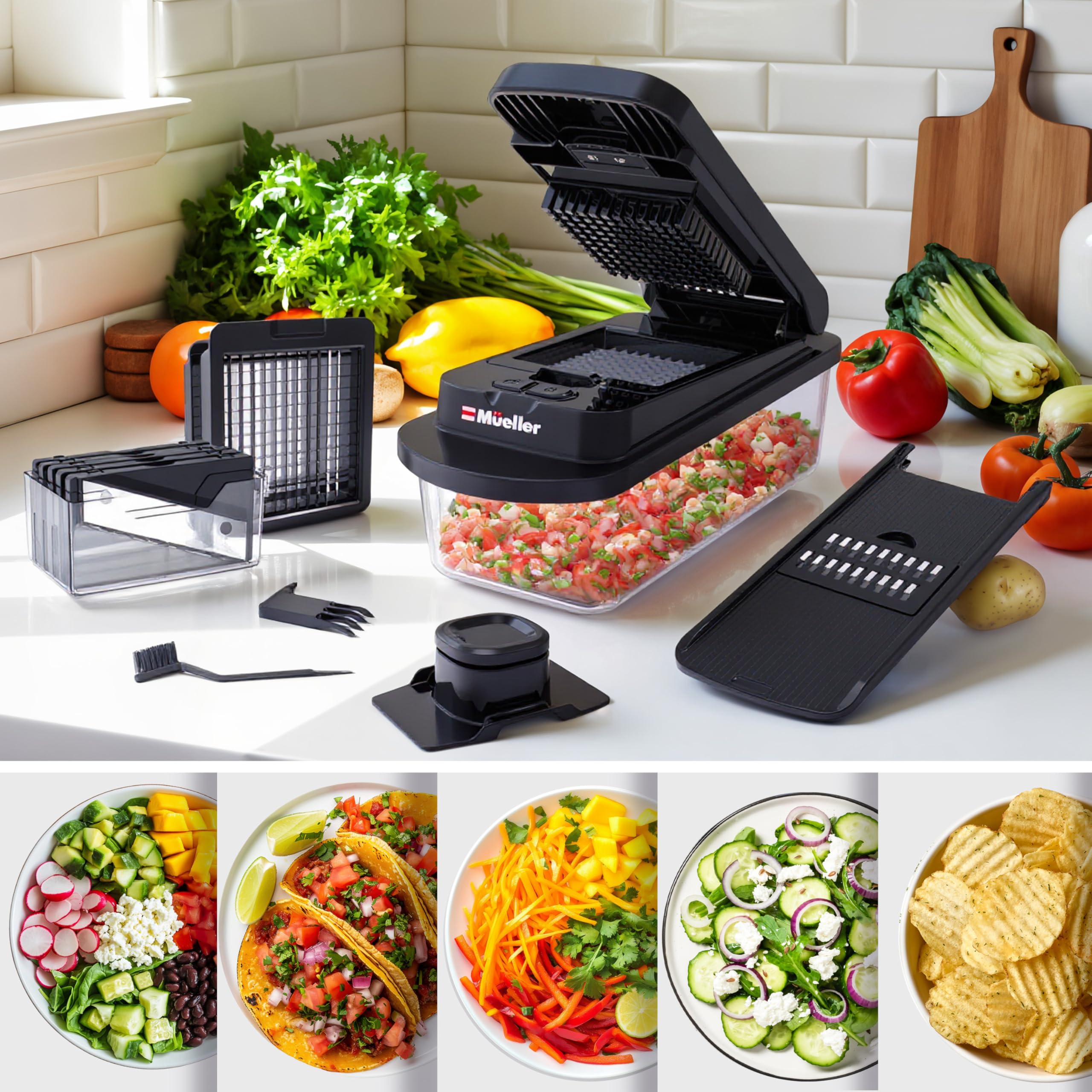 Mueller Pro-Series All-in-One, Mandoline Slicer for Kitchen, Food Chopper, Cucumber Slicer and Spiralizer, Cutter, Dicer, Grater, Kitchen Essentials