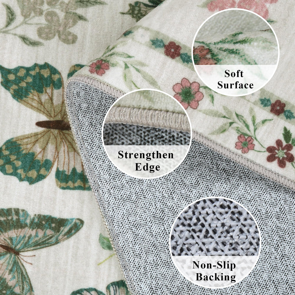 Insect Floral Area Rug, Machine Washable Area Rug Non-Slip Low Pile Large Bedroom Rug Stain Resistant Throw Rug Carpet
