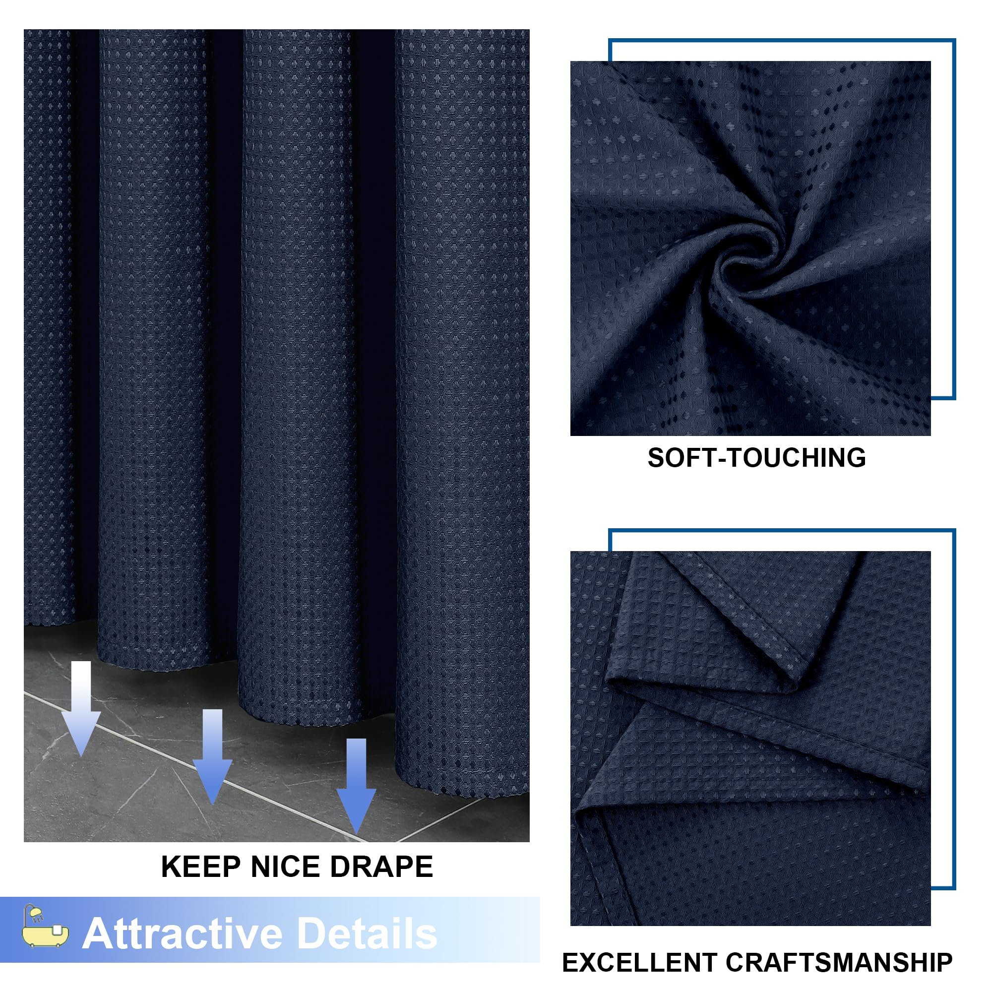 Waffle Textured Heavy Duty Fabric Shower Curtain for Bathroom, Luxury Hotel Weighted 230GSM Bath Curtain with 12 Plastic Hooks, Machine Washable, 72x72