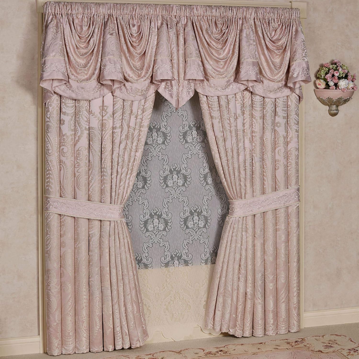 Touch of Class Romantic Princess Jacquard Woven Scrollwork Blush Window Valance Empire