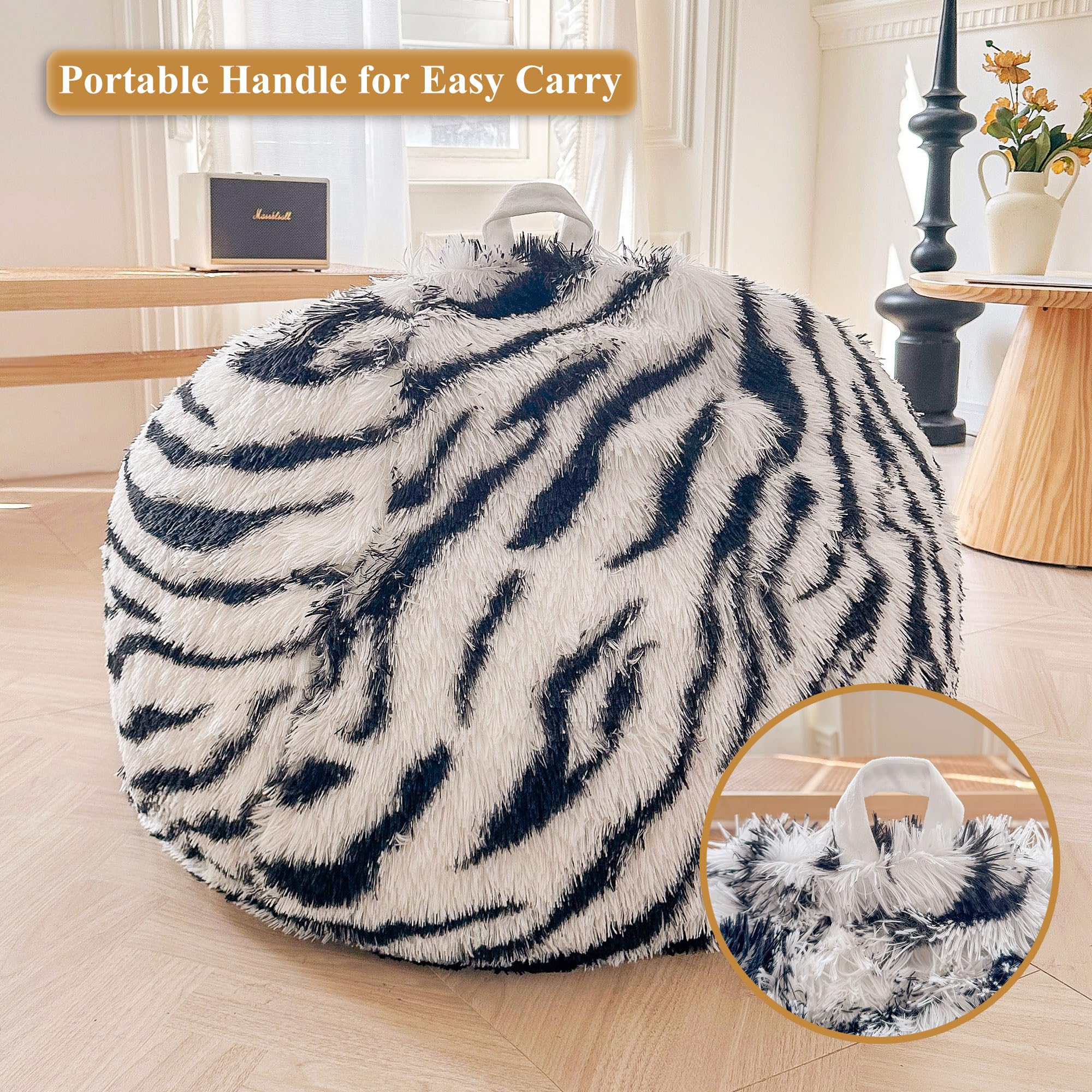 Faux Fur Leopard Print Bean Bag Chair Cover (No Filler), Fluffy Stuffed Animal Storage Cheetah Bean Bag Home Decor, Furry Fuzzy Big Beanbag Cover, Anti-Slip