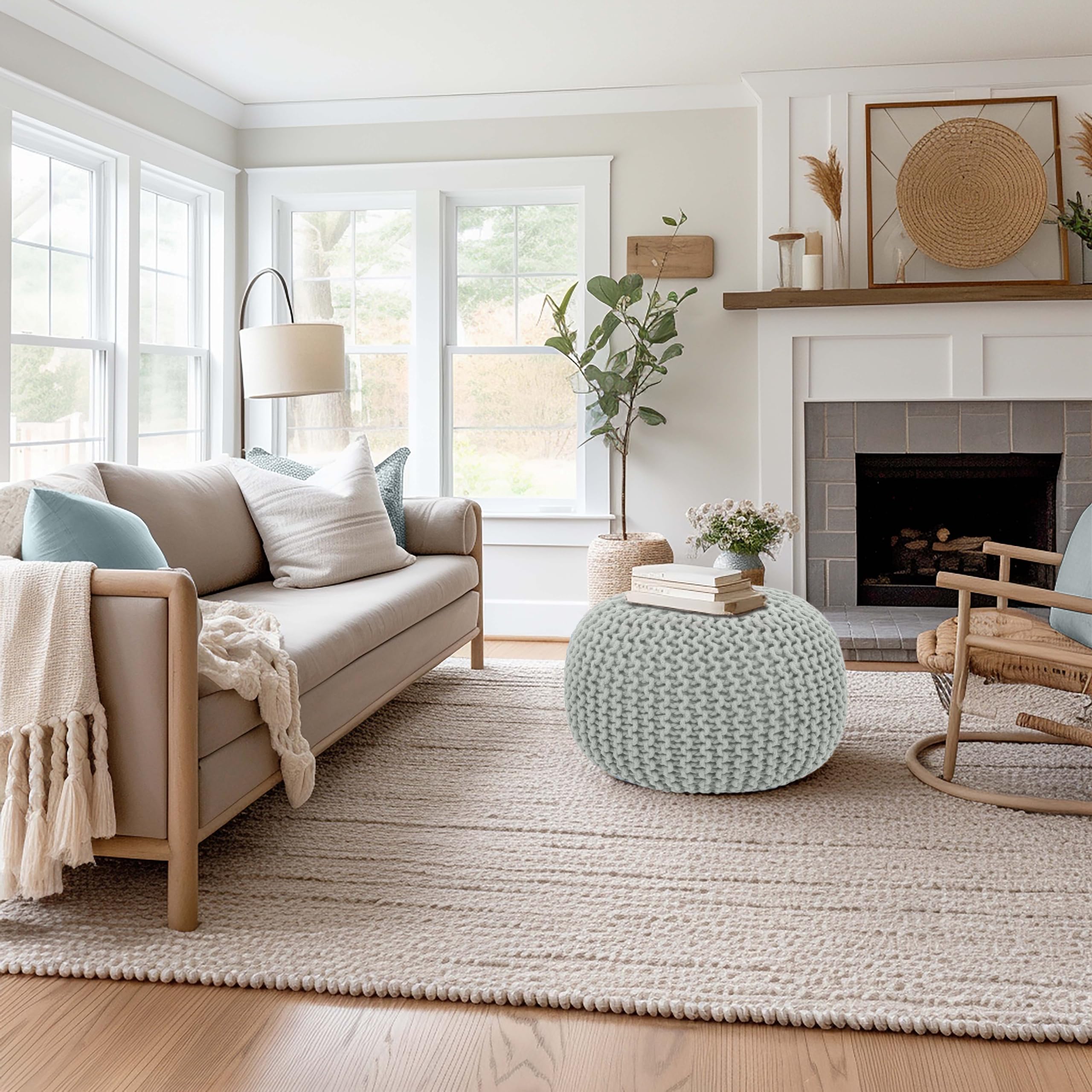 Hand-Knitted Cotton Round Pouf â€?Braid Cord Ottoman, Footrest, and Accent Seat for Living Room, Nursery, Kids Room, or Dorm Décor â€?20x14