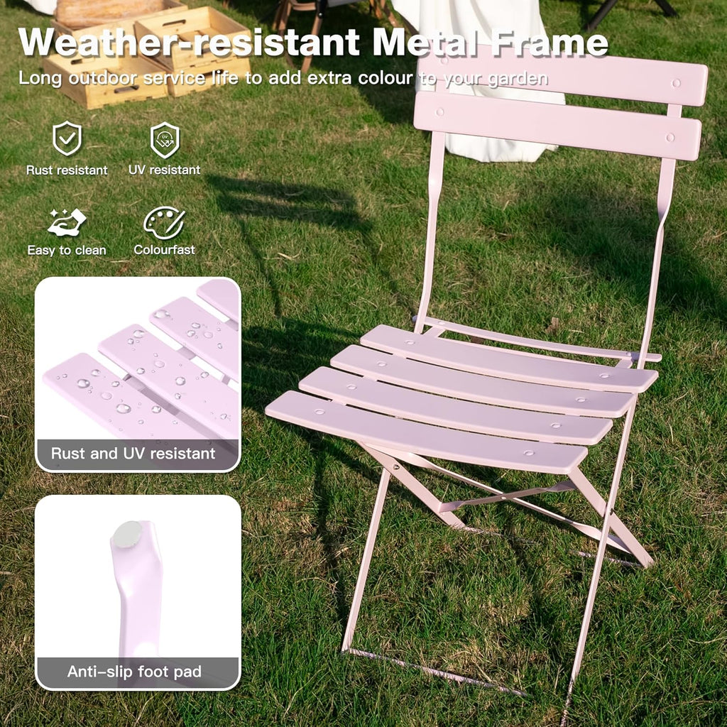 Set of 3 Piece Bistro Set, Folding Patio Furniture Set, Outdoor Table And Chairs Set For Patio, Garden, Balcony And Poolside, Pink