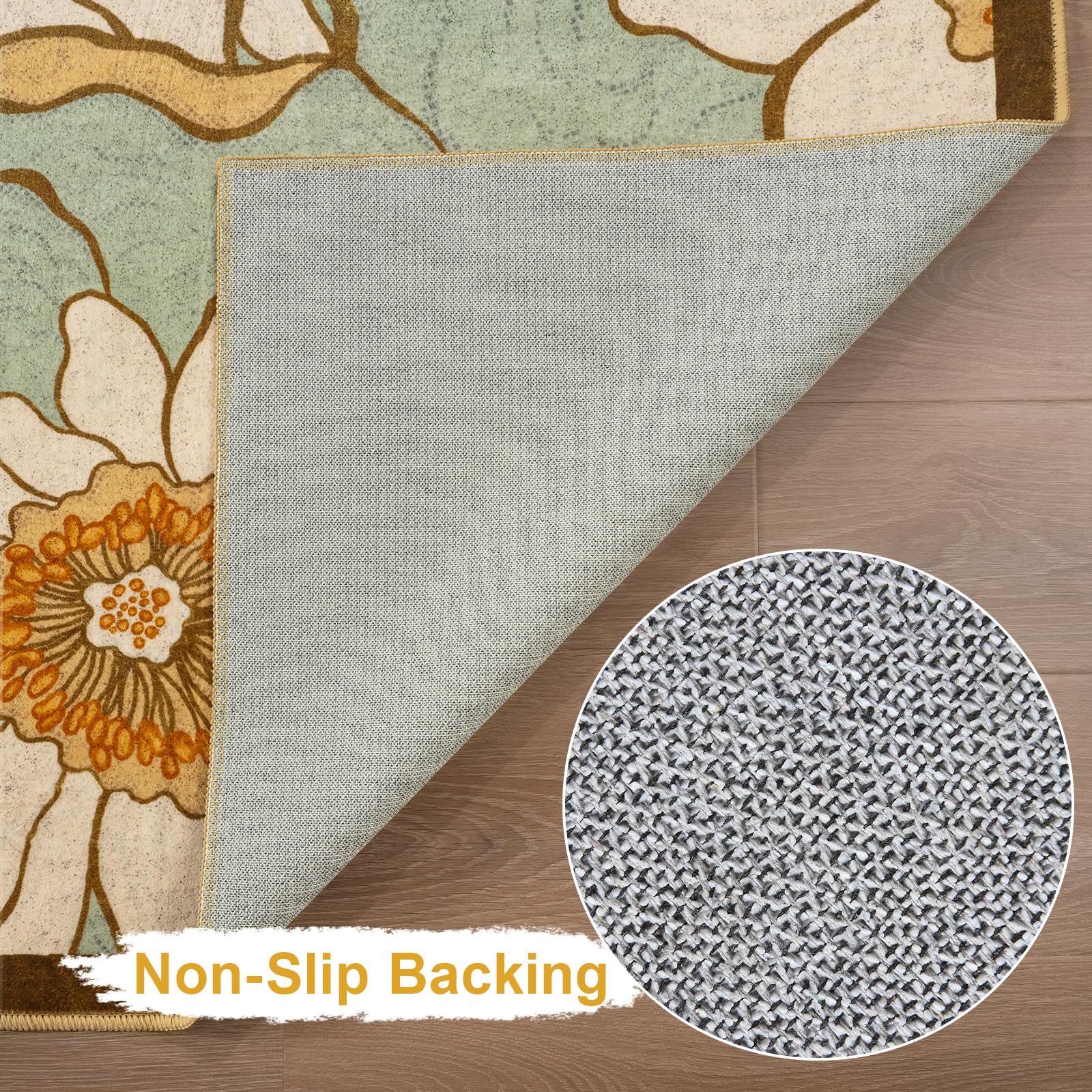 Faux Wool Boho Floral Area Rug Abstract Print Soft Carpet, TPR Non-Slip Backing, Machine Washable Low Pile Rug