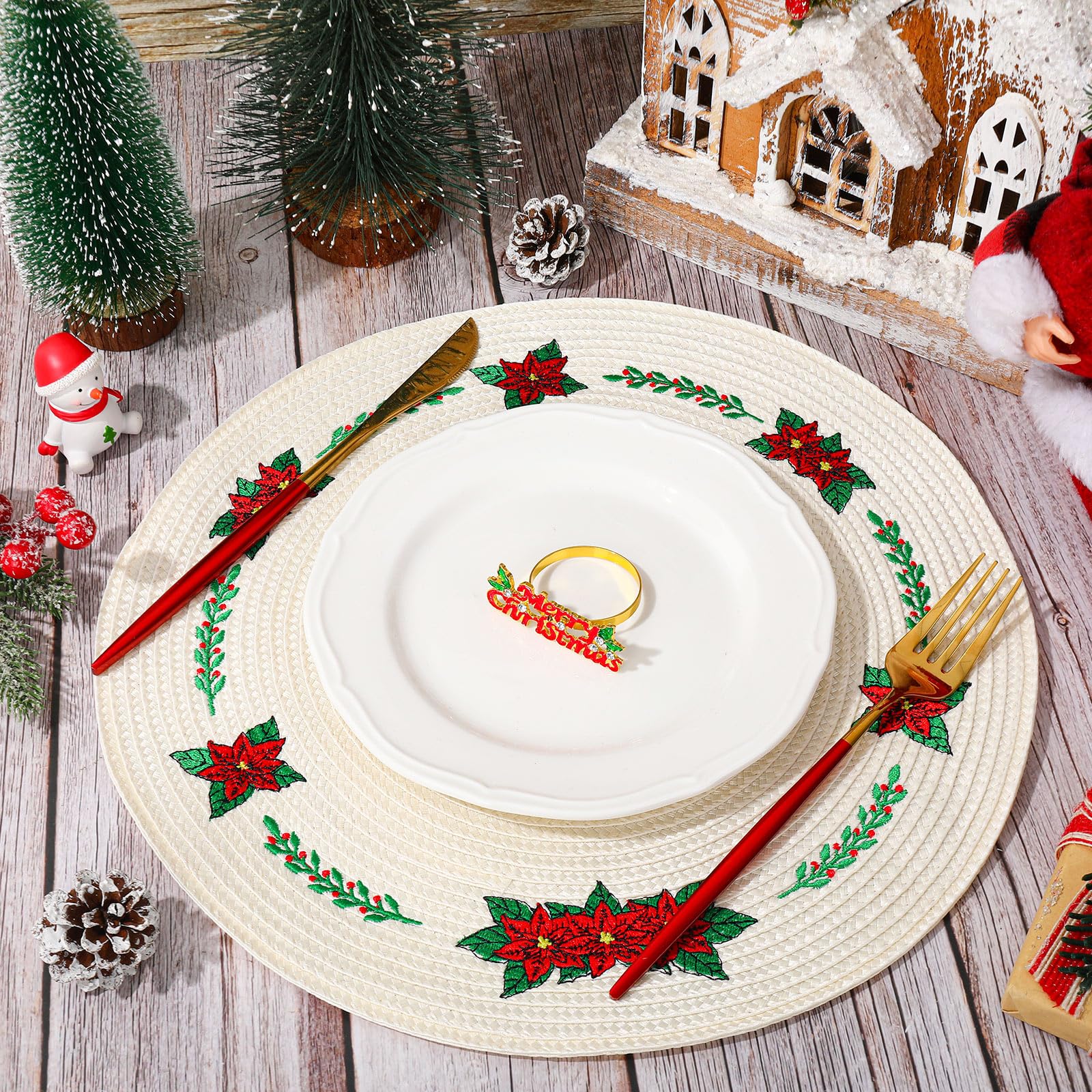 Whaline 4Pcs Round Placemats Pink Bow Embroidered Place Mats Coquette Bow Dinner Table Mats for Home Wedding Baby Shower Birthday Party Decor