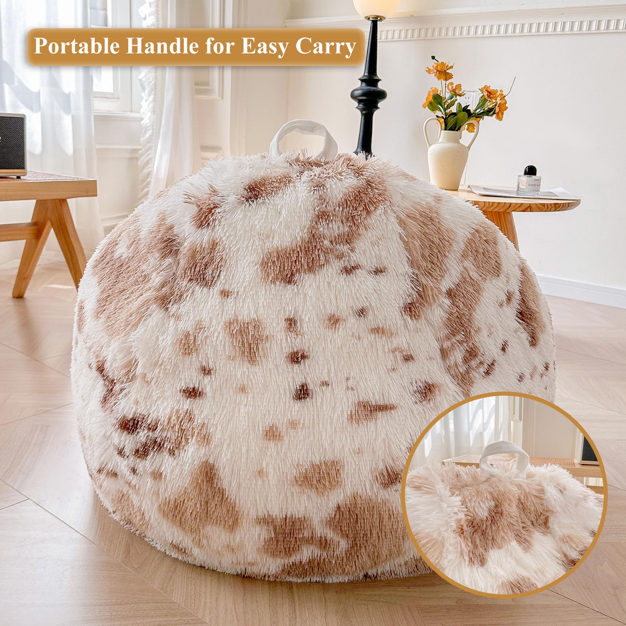 Faux Fur Leopard Print Bean Bag Chair Cover (No Filler), Fluffy Stuffed Animal Storage Cheetah Bean Bag Home Decor, Furry Fuzzy Big Beanbag Cover, Anti-Slip
