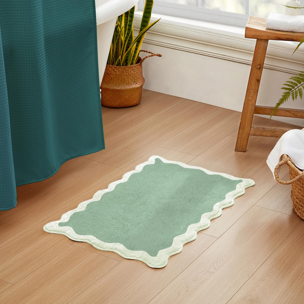 Wavy Bath Mat with Scalloped Ripple Design, Microfiber Absorbent Non Slip Tufted Rug