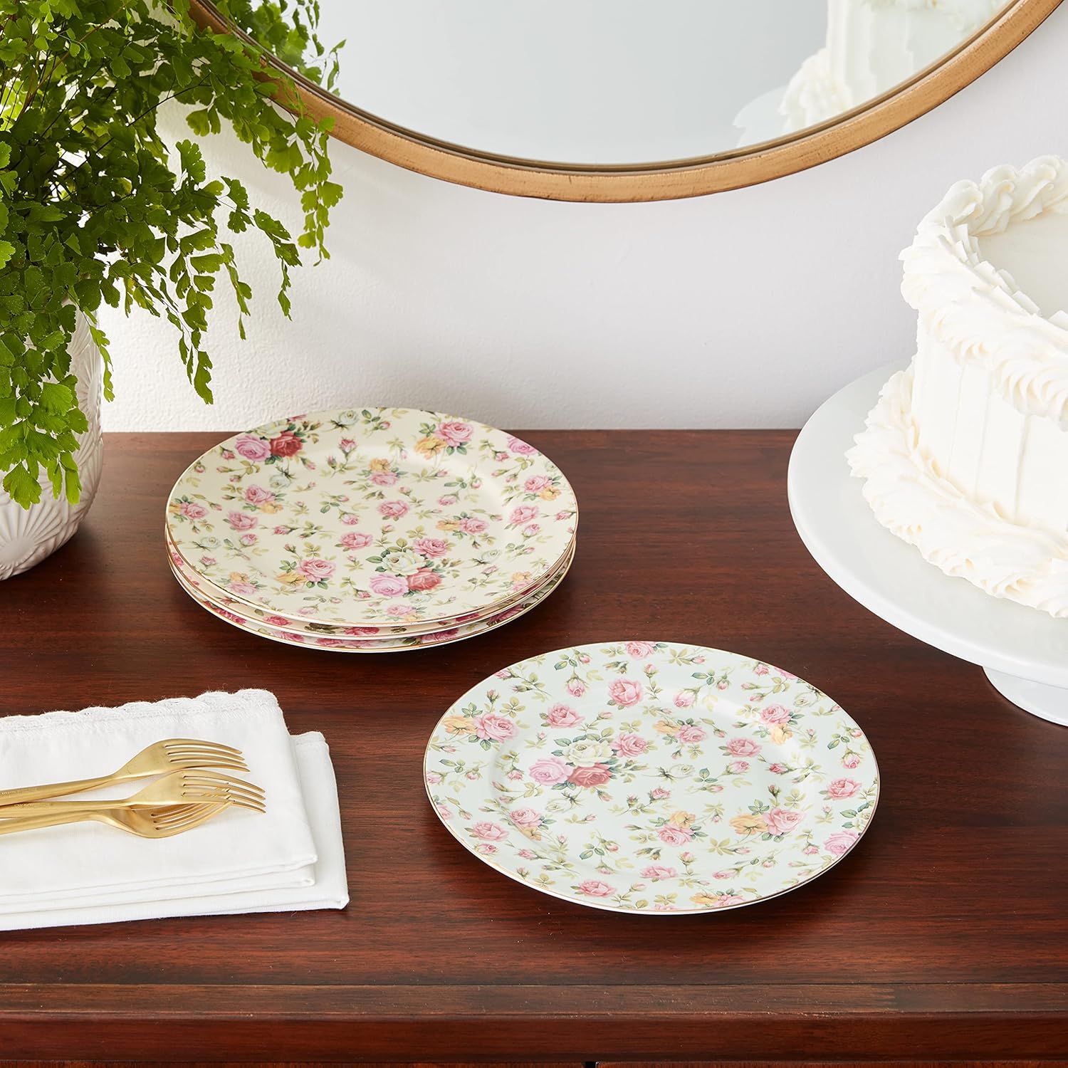Rose Chintz Porcelain 8-Inch Dessert Plate Set of 4, Assorted Four Designs