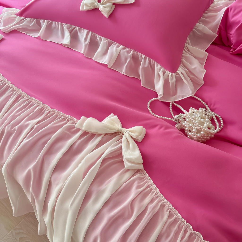 Girls Lace Bedding,Queen Comforter Cover Set, Chic Ruffled Duvet Cover with Lovely Bow,Princess Style 1 Duvet Cover with 2 Pillowcases, No Comforter-Hot Pink,Full Size