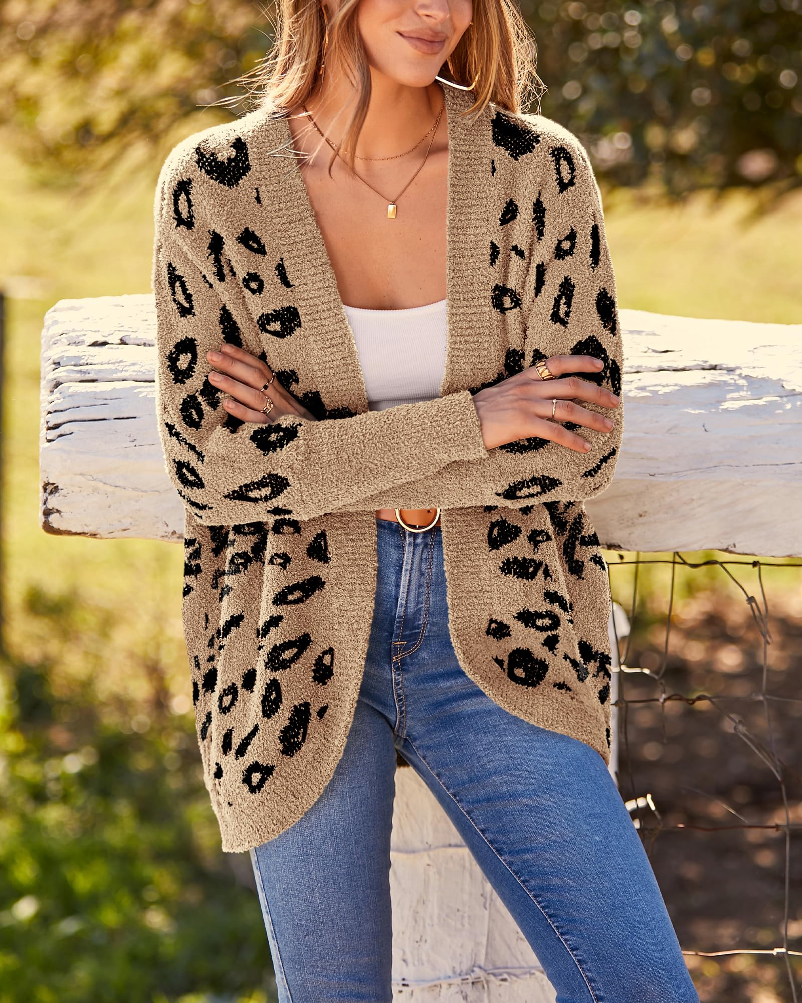 Women Fashion Leopard Print Long Sleeve Sweater Cardigan Loose Knit Open Front Fall Winter Outwear Coats