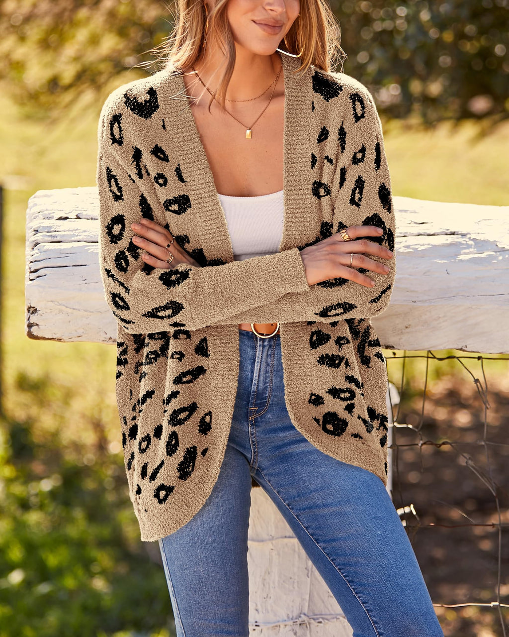 Women Fashion Leopard Print Long Sleeve Sweater Cardigan Loose Knit Open Front Fall Winter Outwear Coats