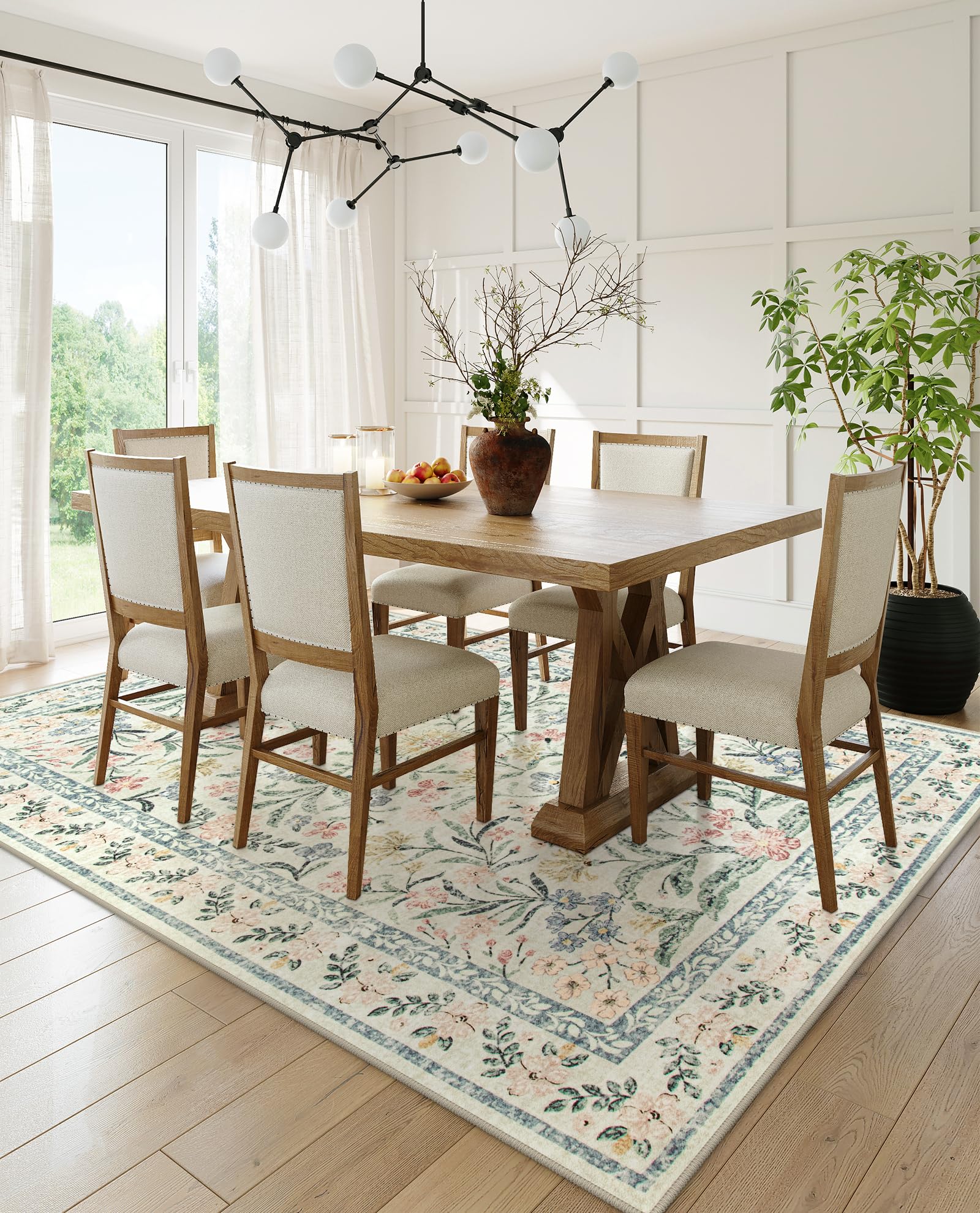 Machine Washable Boho Soft Floral Carpet Non Slip, Indoor Ultra-Thin Floor Carpet for Kid Room Living Room Dorm