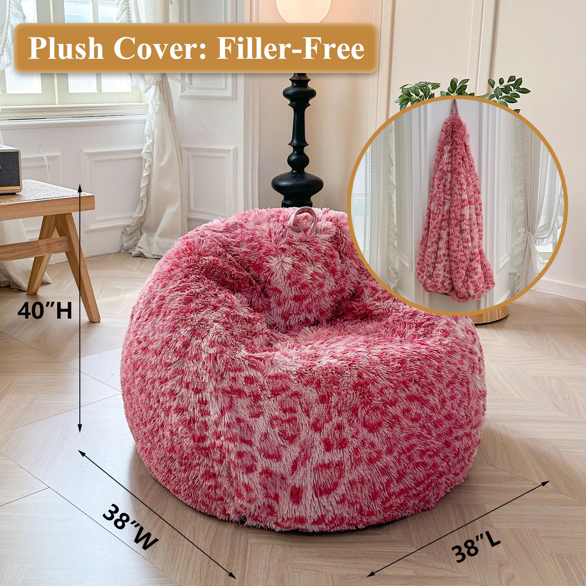Faux Fur Leopard Print Bean Bag Chair Cover (No Filler), Fluffy Stuffed Animal Storage Cheetah Bean Bag Home Decor, Furry Fuzzy Big Beanbag Cover, Anti-Slip