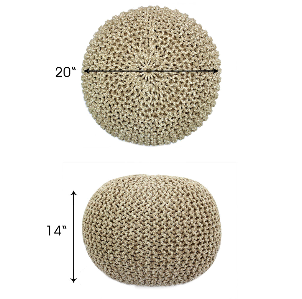 Hand-Knitted Cotton Round Pouf â€?Braid Cord Ottoman, Footrest, and Accent Seat for Living Room, Nursery, Kids Room, or Dorm Décor â€?20x14