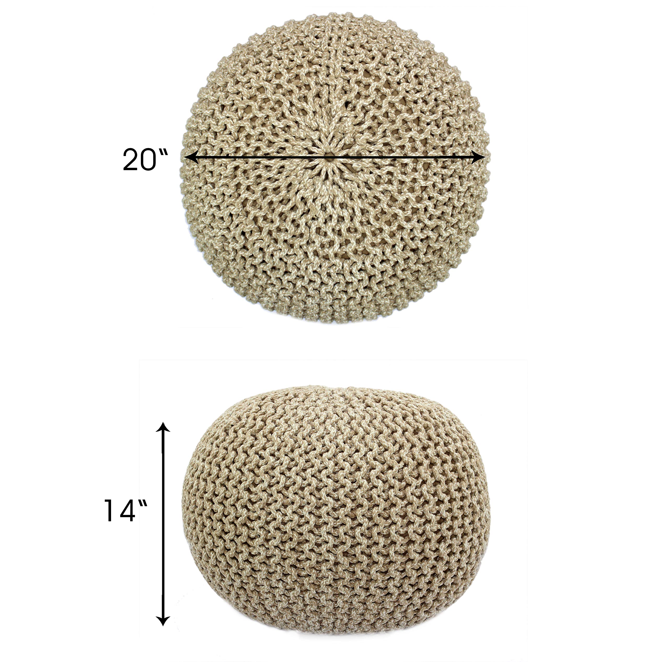 Hand-Knitted Cotton Round Pouf â€?Braid Cord Ottoman, Footrest, and Accent Seat for Living Room, Nursery, Kids Room, or Dorm Décor â€?20x14