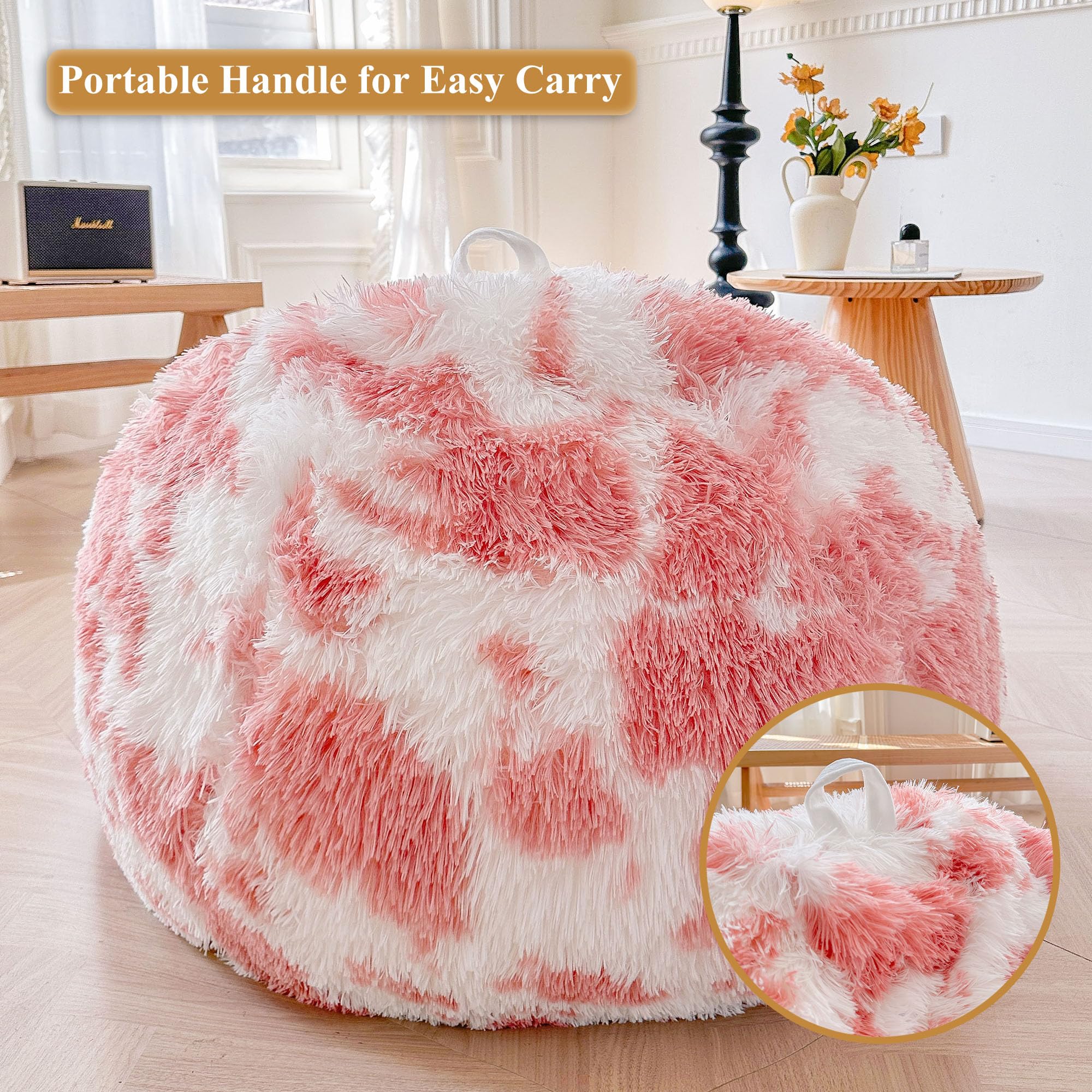 Faux Fur Leopard Print Bean Bag Chair Cover (No Filler), Fluffy Stuffed Animal Storage Cheetah Bean Bag Home Decor, Furry Fuzzy Big Beanbag Cover, Anti-Slip