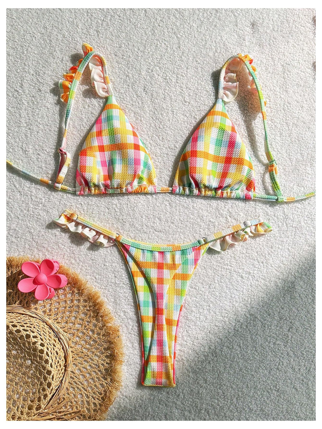 Women's Gingham Thong Bikini Sets Ruffle String Coquette Swimsuits Tie Back Boho Bathing Suit
