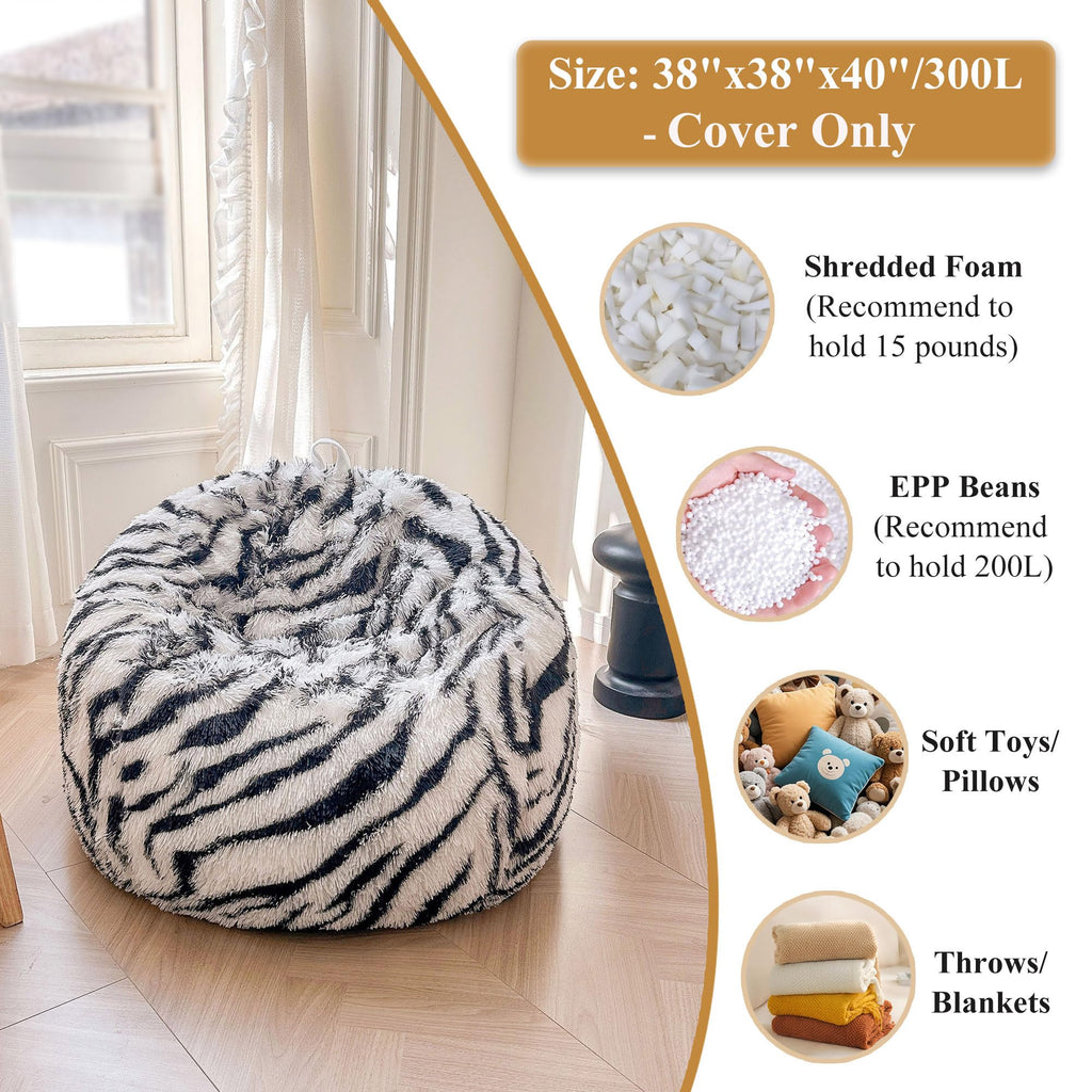 Faux Fur Leopard Print Bean Bag Chair Cover (No Filler), Fluffy Stuffed Animal Storage Cheetah Bean Bag Home Decor, Furry Fuzzy Big Beanbag Cover, Anti-Slip