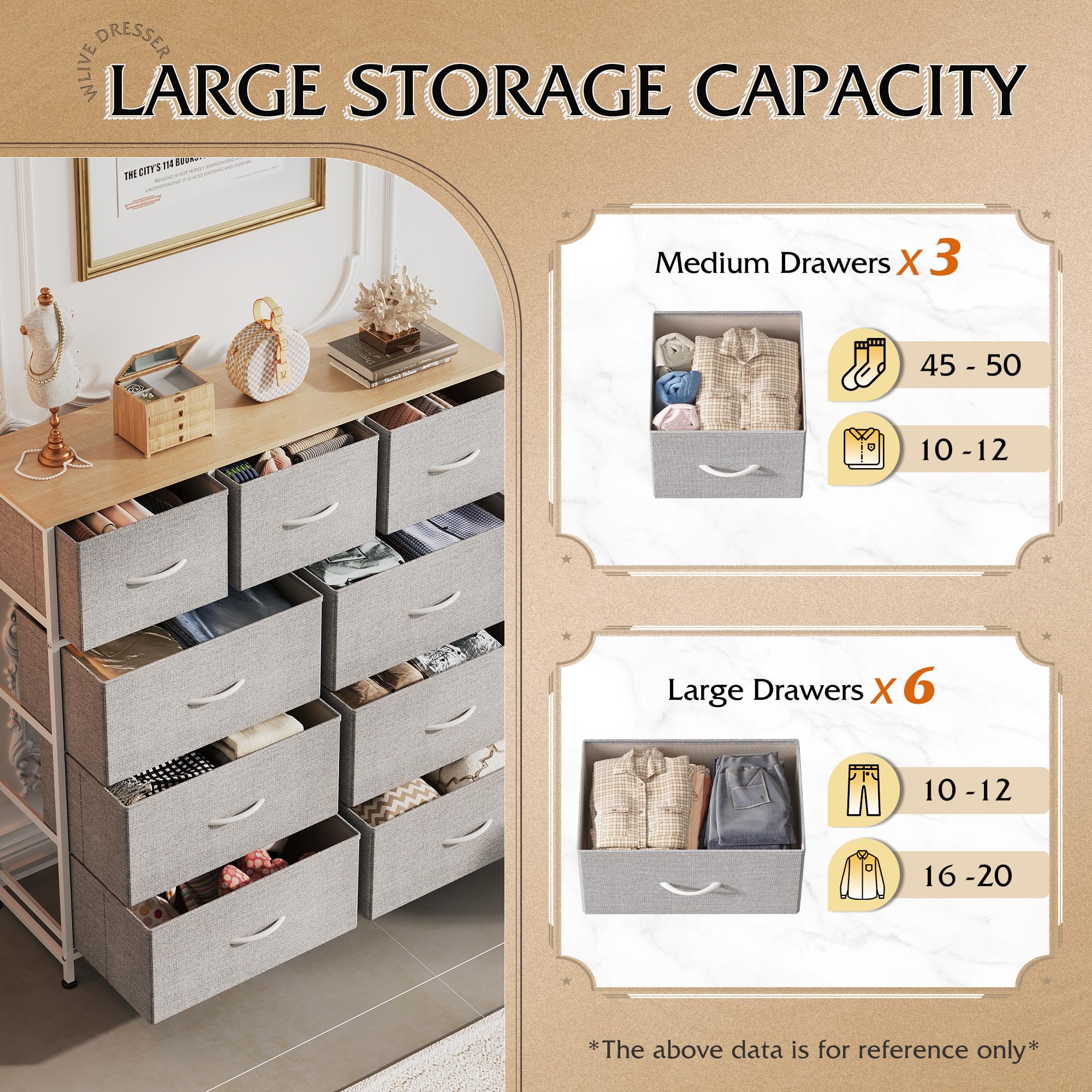 Drawer Fabric 9 Dresser â€?Tall Storage Tower with Bins, Steel Frame, and Wood Top