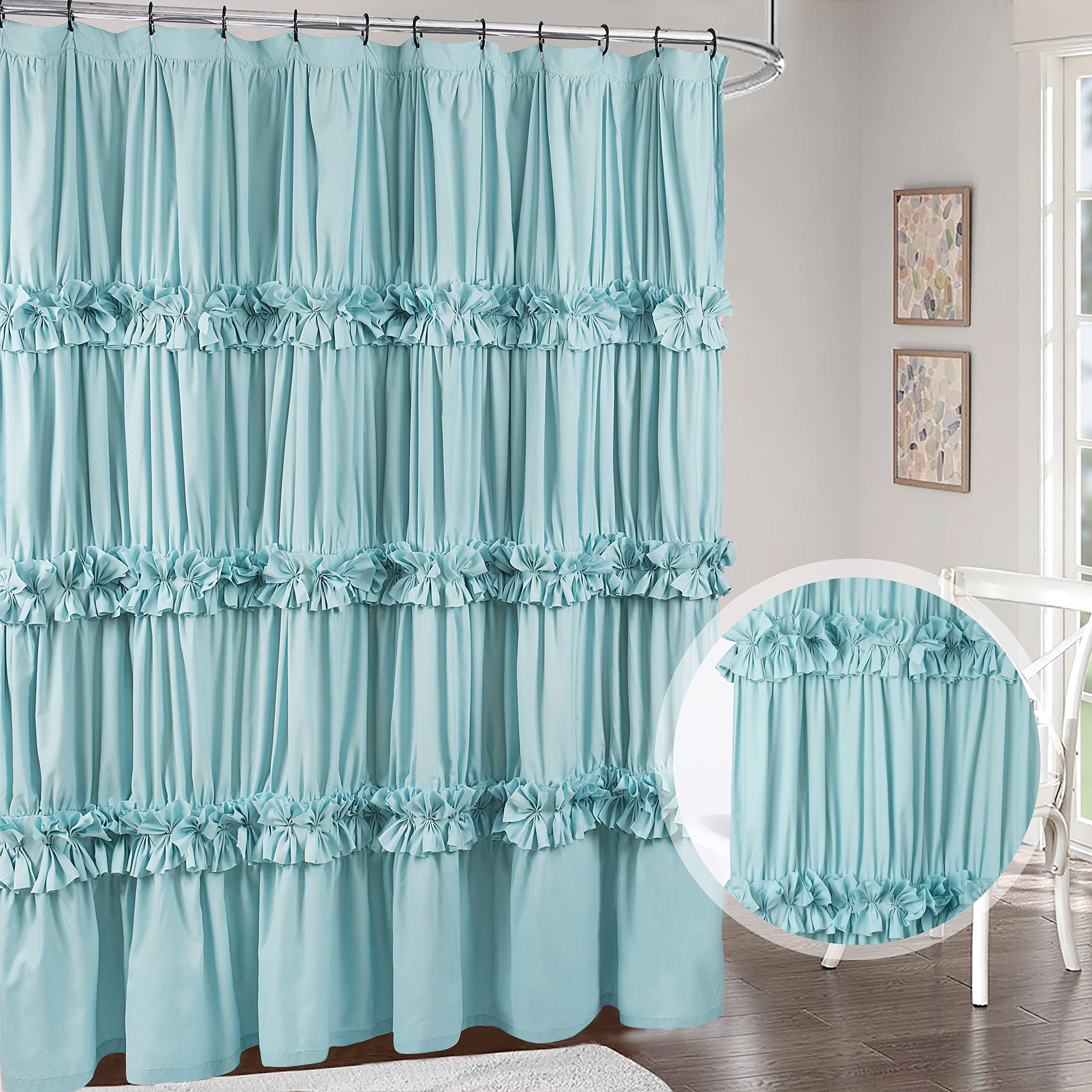 Victorian Bow Tie Ruffle Shower Curtain, with 12 Buttonholes, 72" W x 72" H, White (LQ-10)